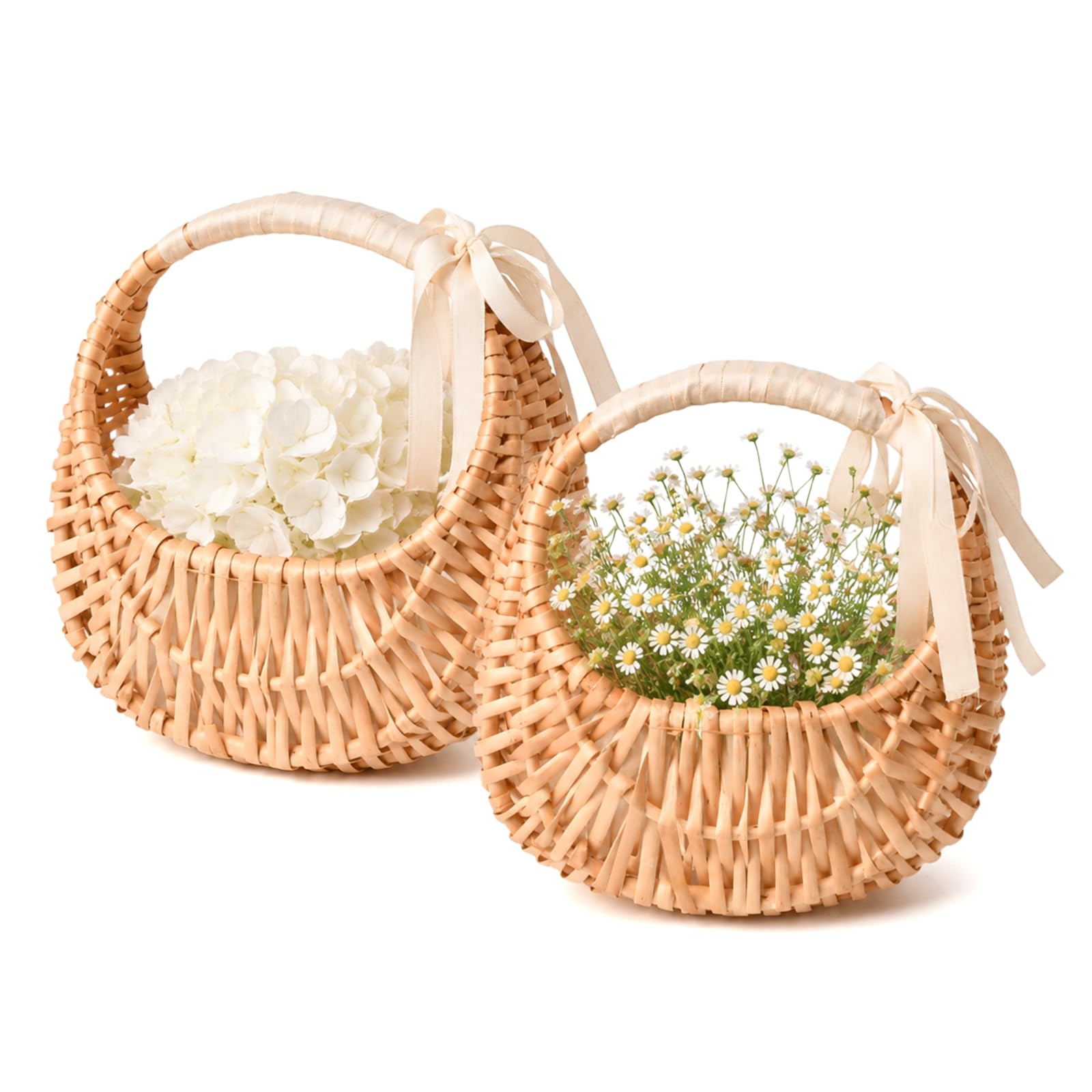 2 Pcs Half Moon Wicker Basket, Wedding Flower Girl Basket with Handle and Ribbons, Willow Woven Flower Baskets for Wedding, Picn