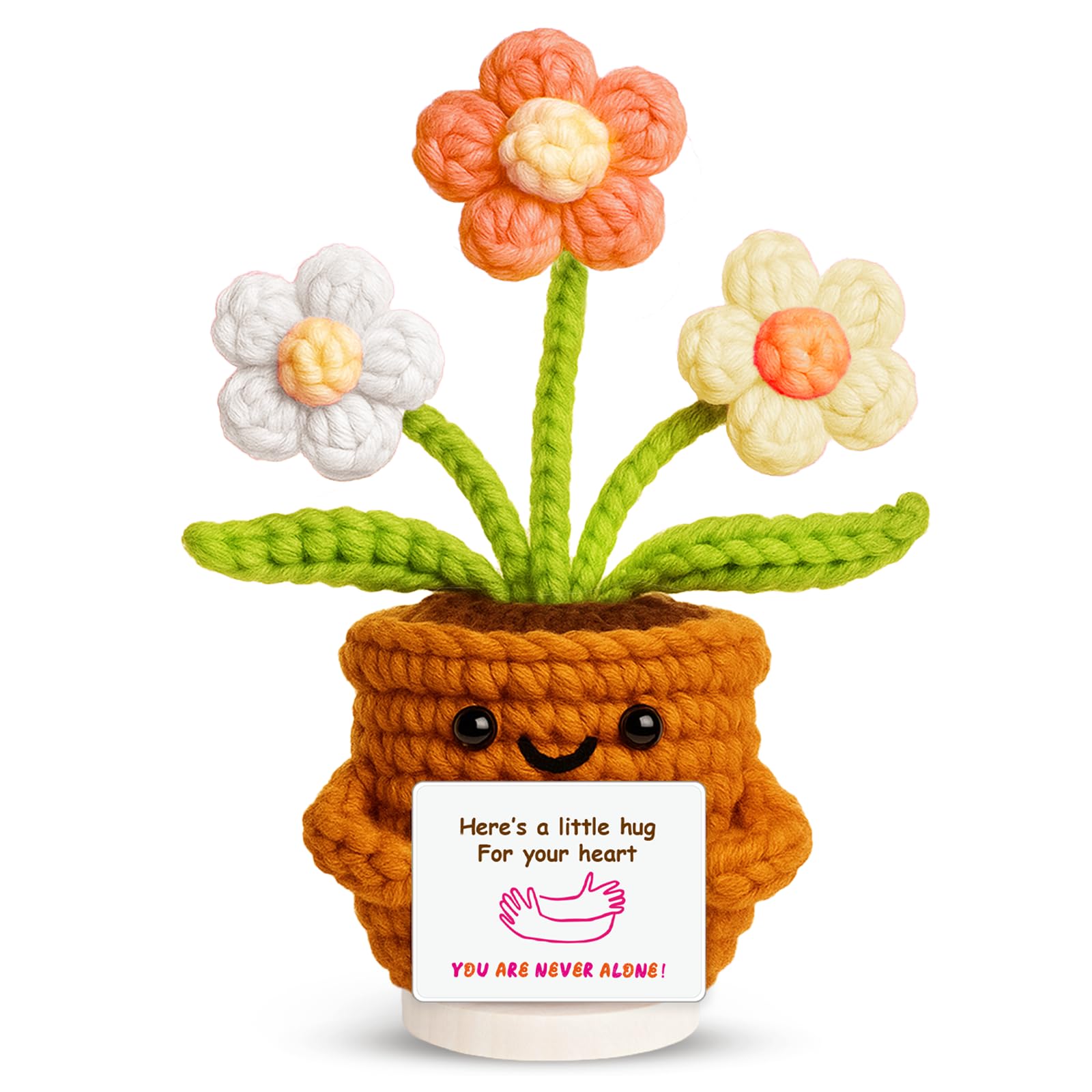 penzoos Emotional Support Plant, Handmade Crochet Potted Flower with Inspirational Message Card, Orange & White Knitted Daisy, S
