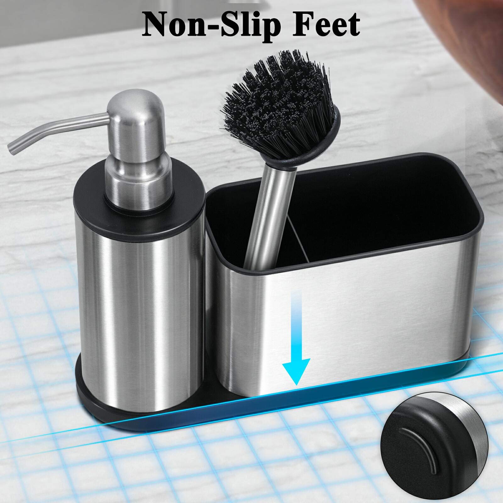 Odesign Bathroom Dish Soap Dispensers With Caddy (A Spare Brush Included) Kitchen Sink Organizer Sponge Holder For Countertop St