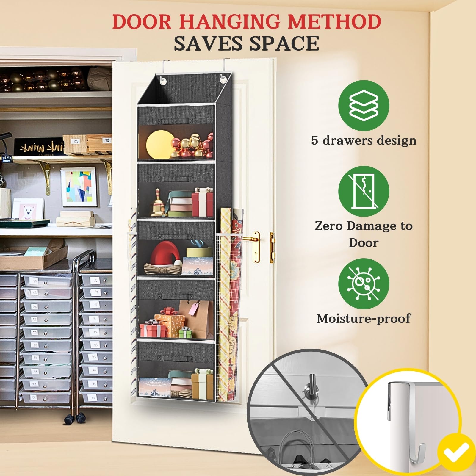 Ofiray-home Over Door Wrapping Paper Organizer Storage with 5 Removable Drawers & 2 Large Side Pockets for Gift Wrap Rolls Wrap