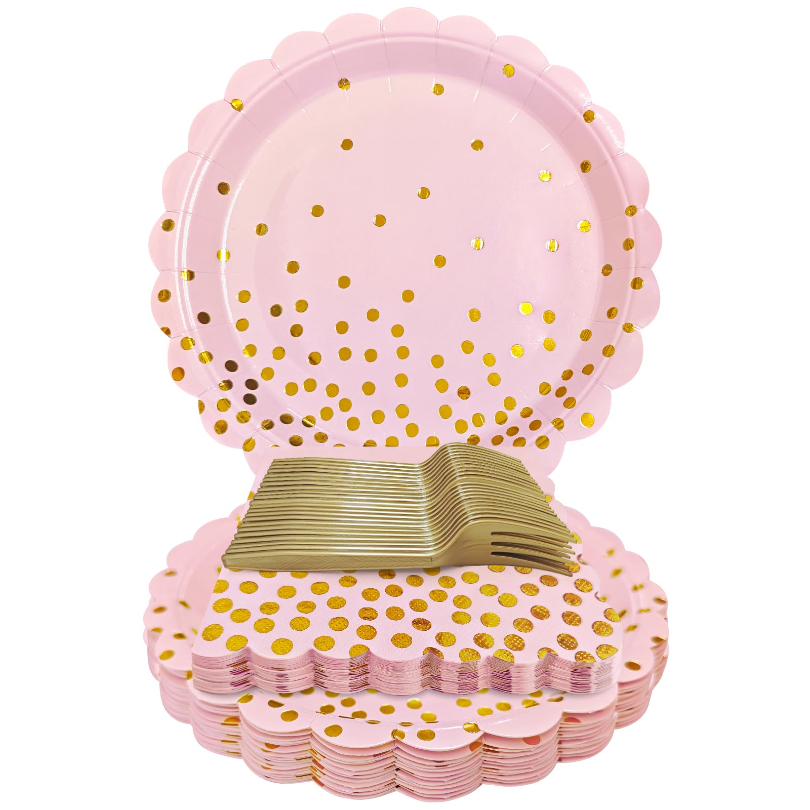 WYQJHKV Pink and Gold Paper Plates and Napkins,7 Inch Pink and Gold Scalloped Disposable Dessert Plates Paper Napkin Fork Party 
