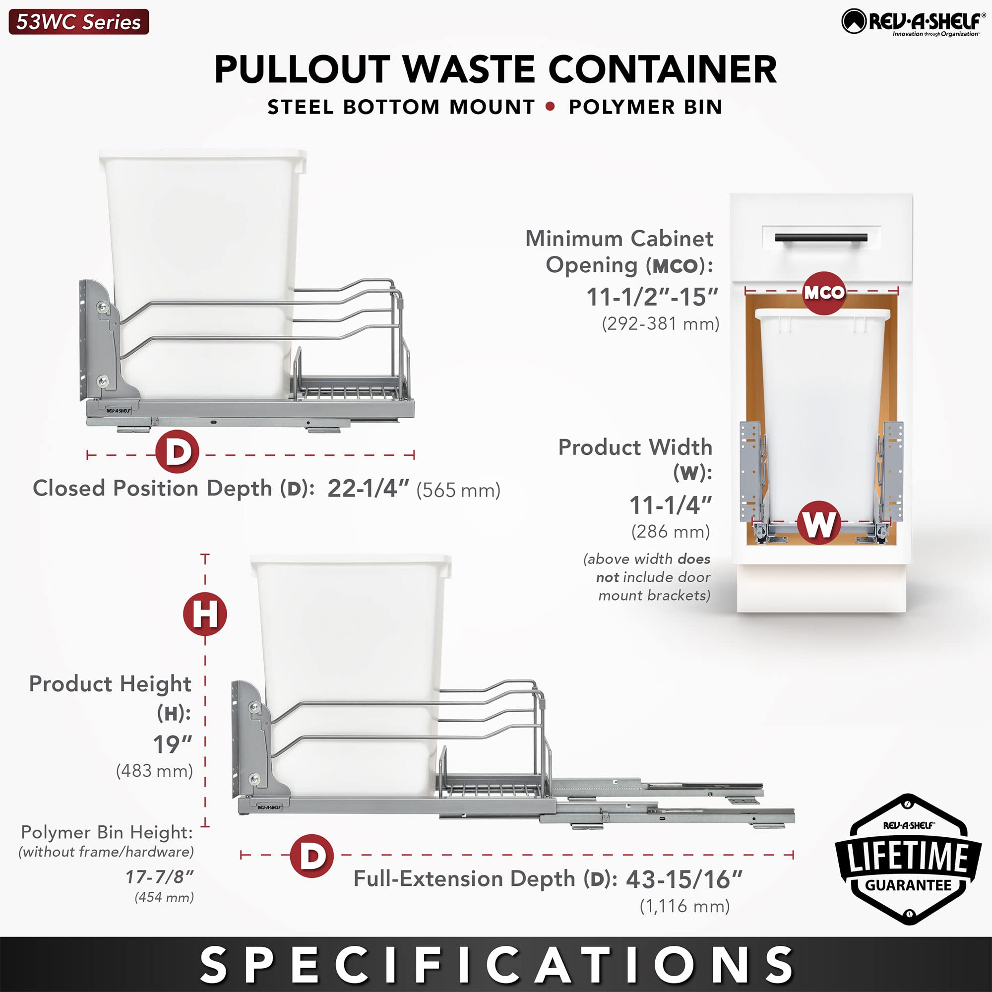 Rev-A-Shelf Pullout Trash Can For Under Kitchen Cabinets 35 Qt. 8.75 Gallon With Soft-Close Slides And Rear Storage, Orion Gray,