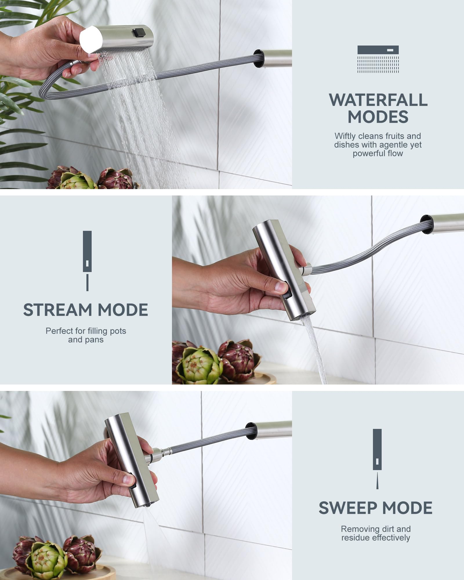Waterfall Kitchen Sink Faucet With Sprayer: 3 Modes(Waterfall/Stream/Sweep) Pull Down Sprayer - Iviga Brushed Nickel Splash Proo