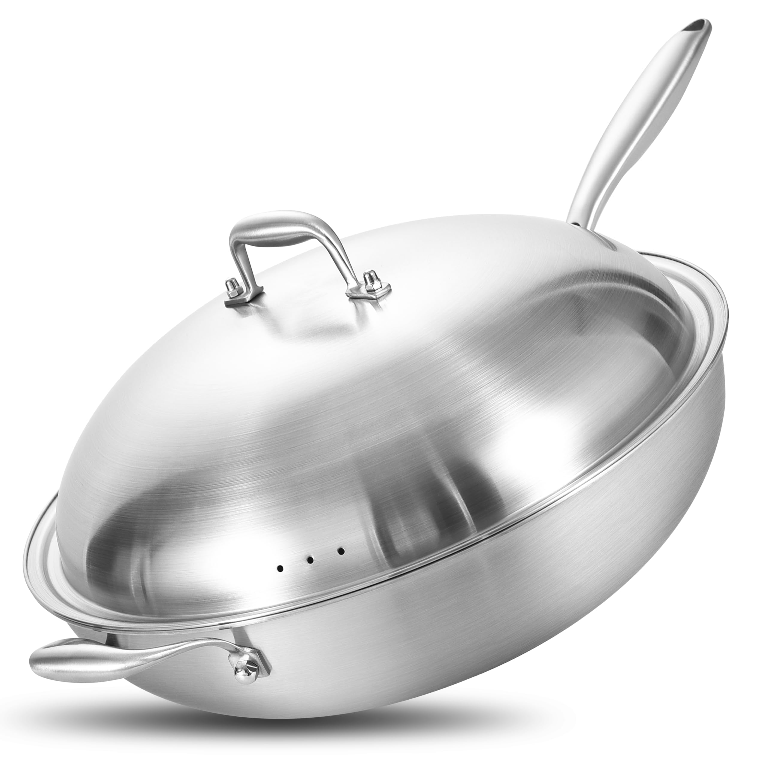 Lolykitch Tri-Ply 14 Inch Stainless Steel Wok Pan With Steel Lid, Stir-Fry Pan,Induction Cooking Pan,Dishwasher And Oven Safe