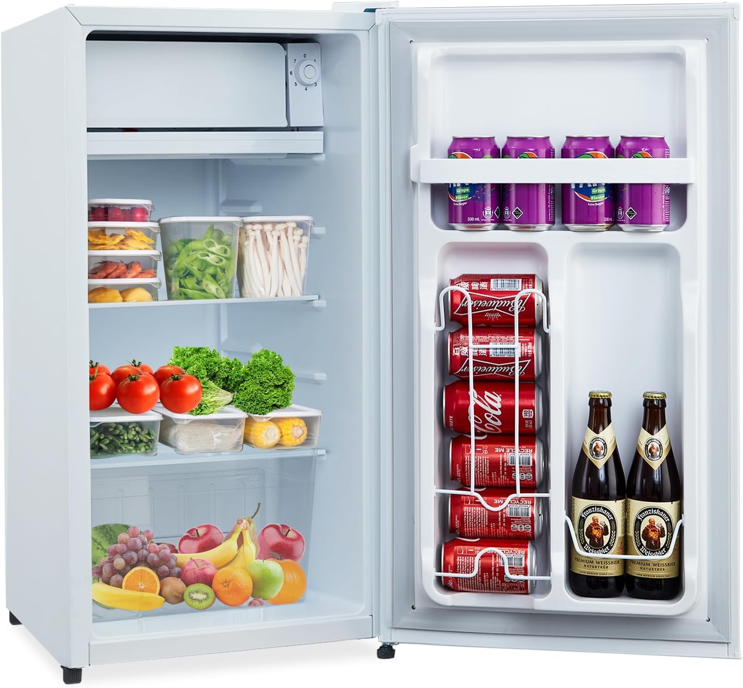 GustoWave 3.2 Cu.Ft Mini Fridge with Freezer, Compact Single Door Refrigerator, Adjustable Thermostat, Removable Glass Shelves, 