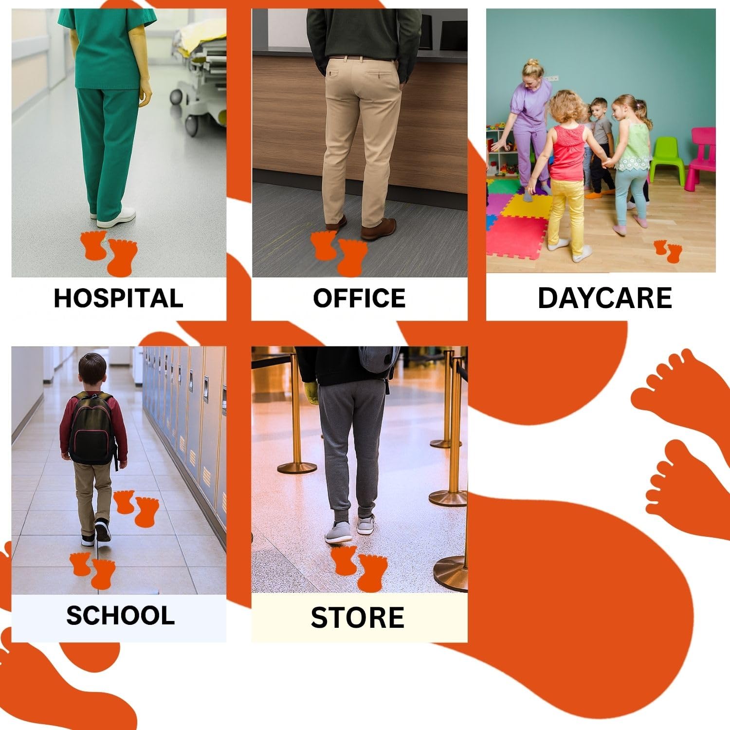 LiteMark 7 Inch Removable Orange Barefoot Footprint Stickers - Waterproof Gloss Finish Vinyl Decals Pack of 12 (6 Pairs)