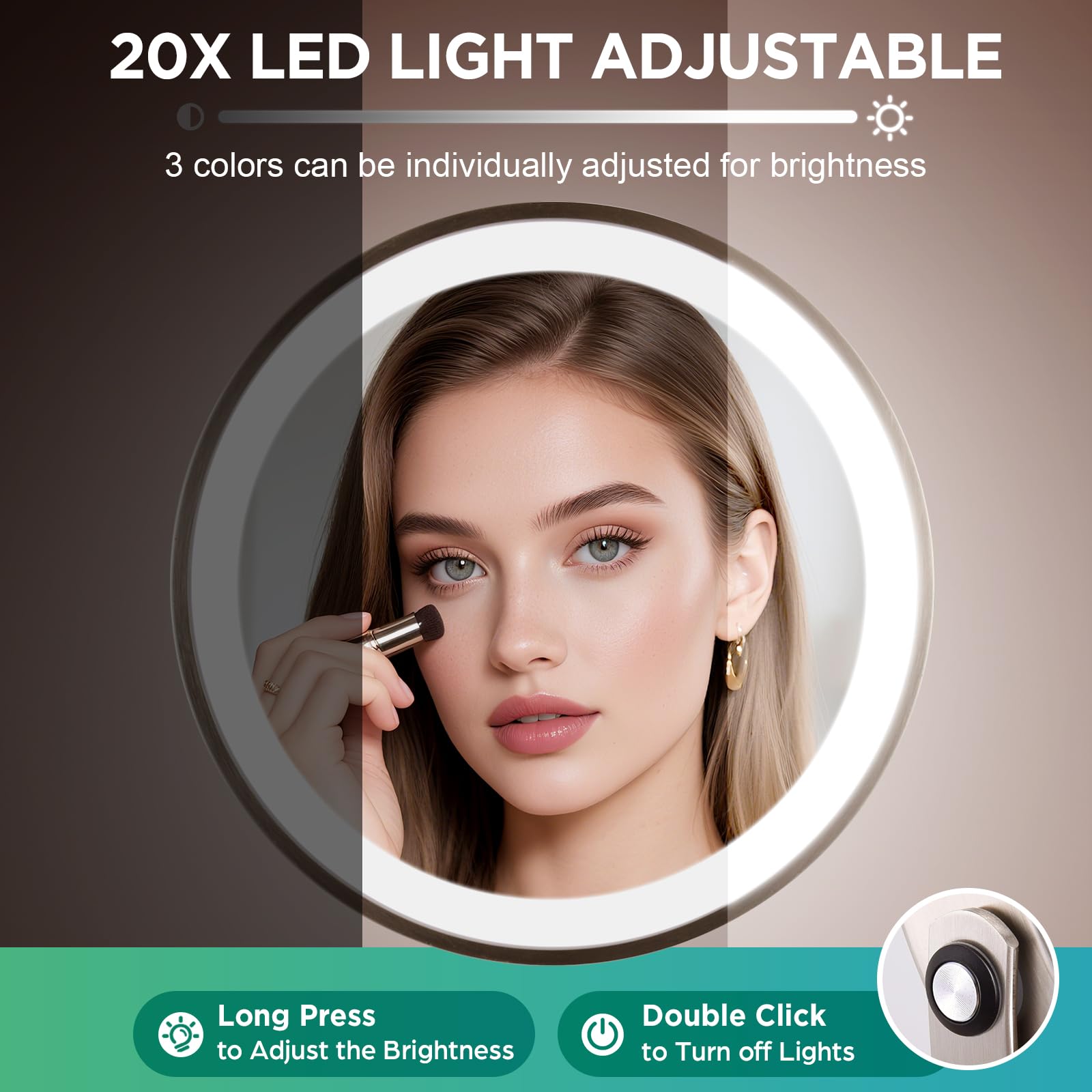 DASLAVA 20x Magnifying Mirror with Light, Lighted Makeup Mirror with 3 Color Modes and Adjustable Brightness, Side Charging Port