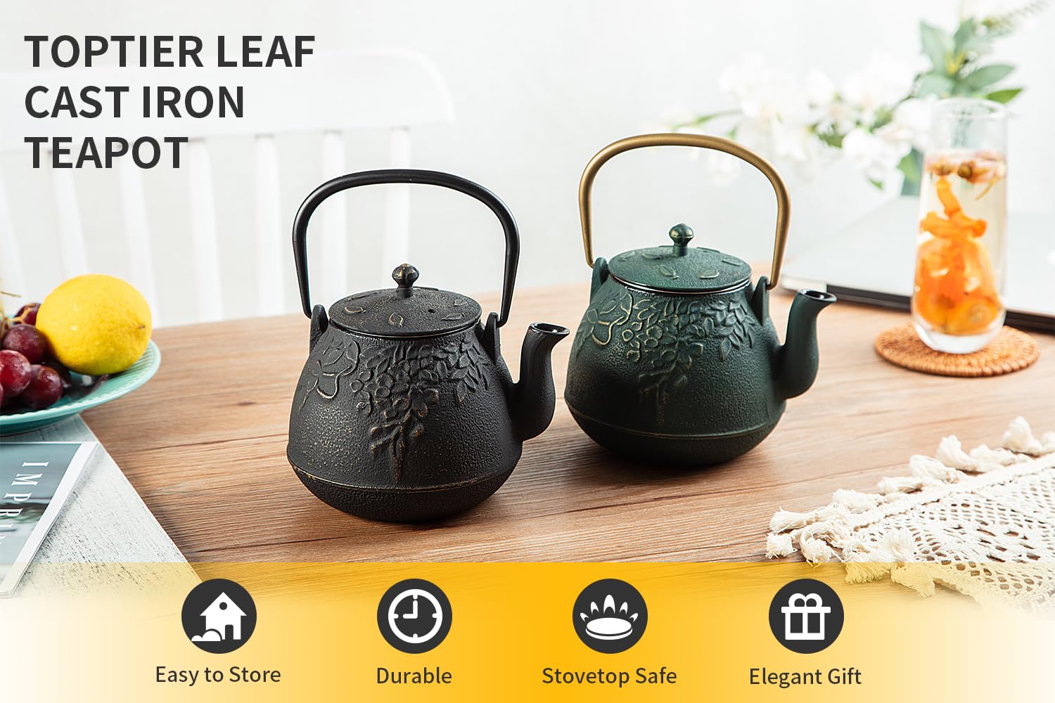 Tea Kettle, Toptier Japanese Cast Iron Teapot With Infuser, Leaf Design Cast Iron Tea Pot Stovetop Safe Coated With Enameled Int