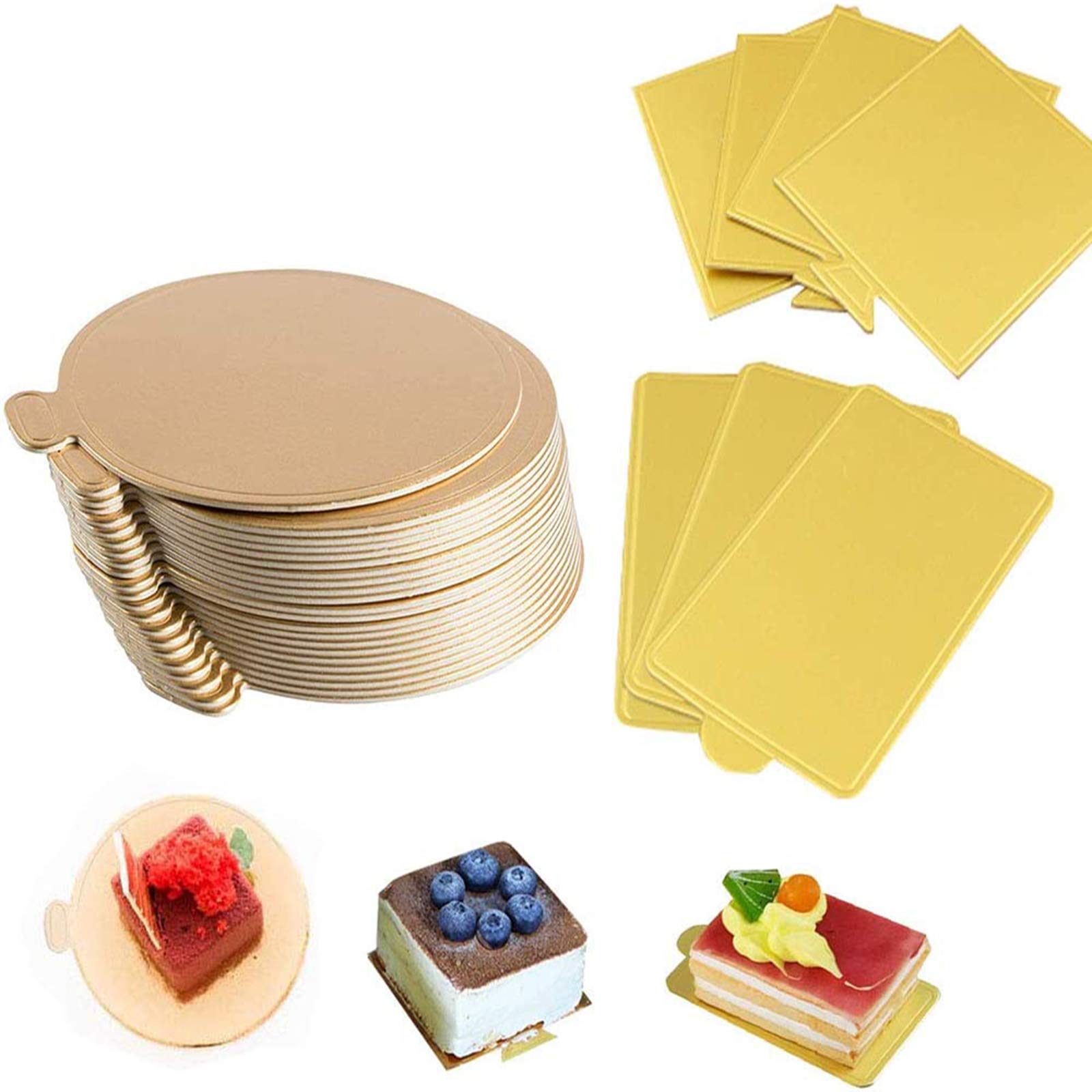 100-Pack Mini Cake Base Boards, Gold Mousse Cake Cardboard Set, Ideal For Dessert Buffet, Wedding, Parties, Catering Supplies (M