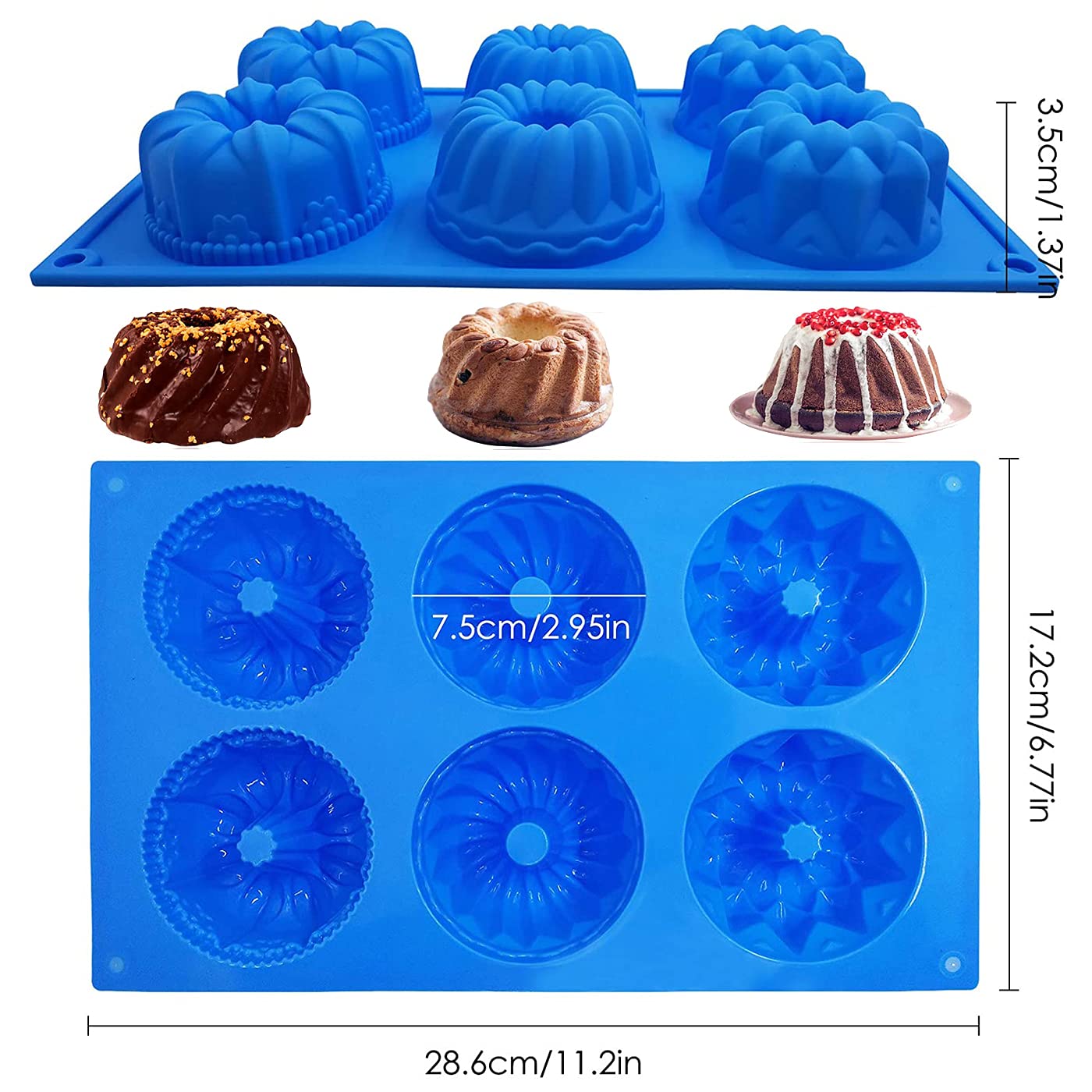 SAGOOITS Silicone Mini Bundt Cake Pans - 6-Cavity, Non-stick Baking Mold, 2 Packs (Pink & Blue) for Cupcakes, Donuts, Brownies