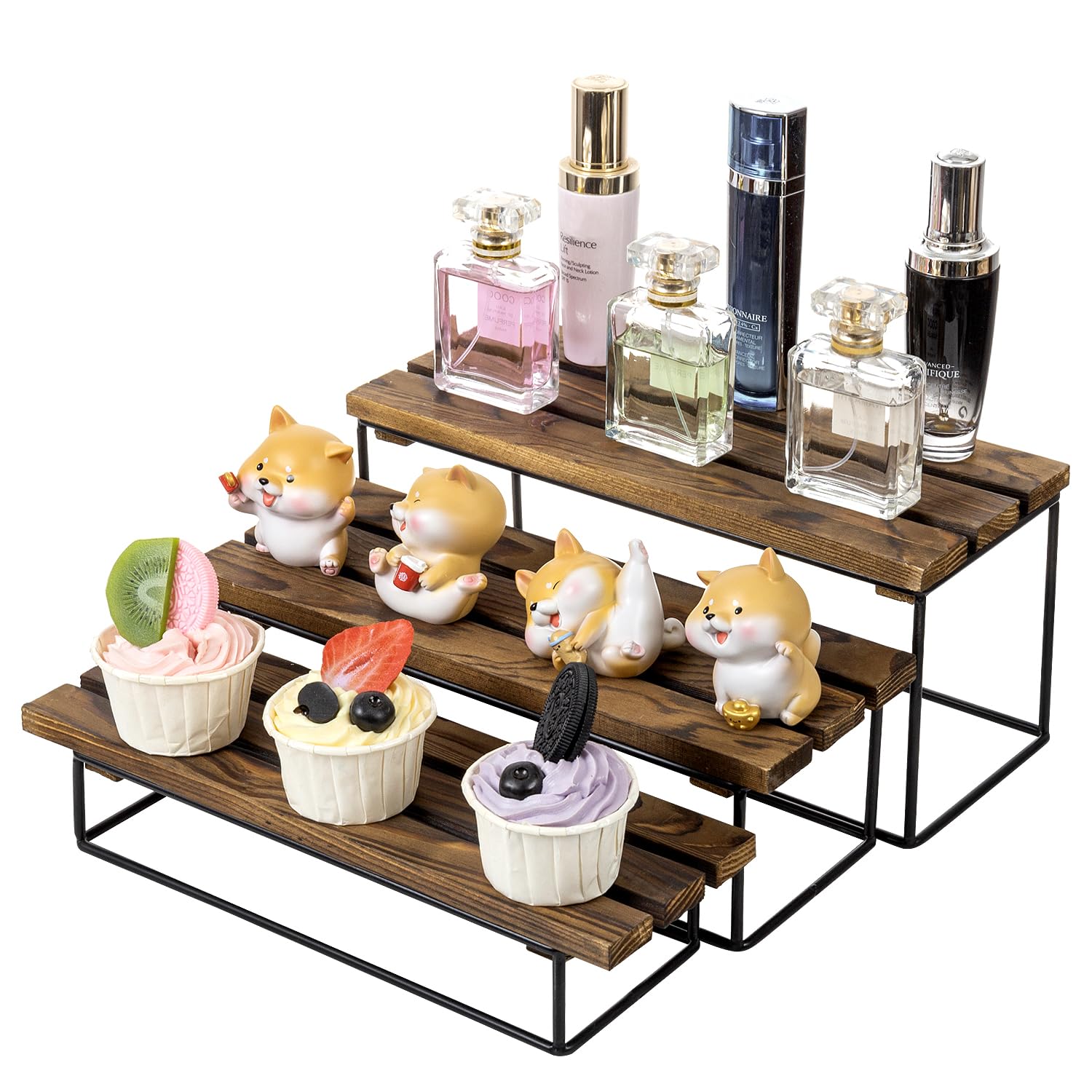 MyGift 3-Tier Rustic Sold Burnt Wood Display Riser Stand - Perfume Organizer, Cupcake Stand, Kitchen Spice Rack, Makeup Shelf, P