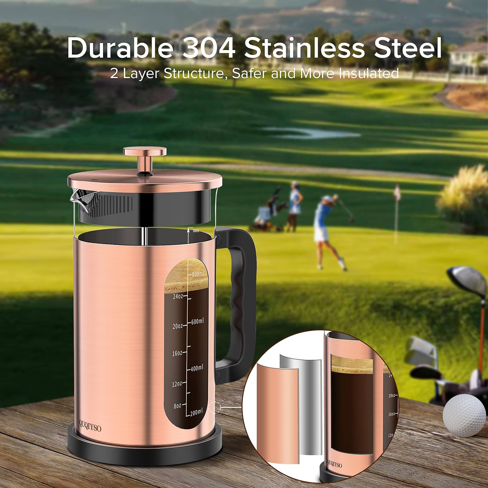 QUQIYSO French Press Coffee Maker, 34oz, Stainless Steel Copper, Borosilicate Glass, 4 Filters, BPA Free, Easy to Clean, Model HT01