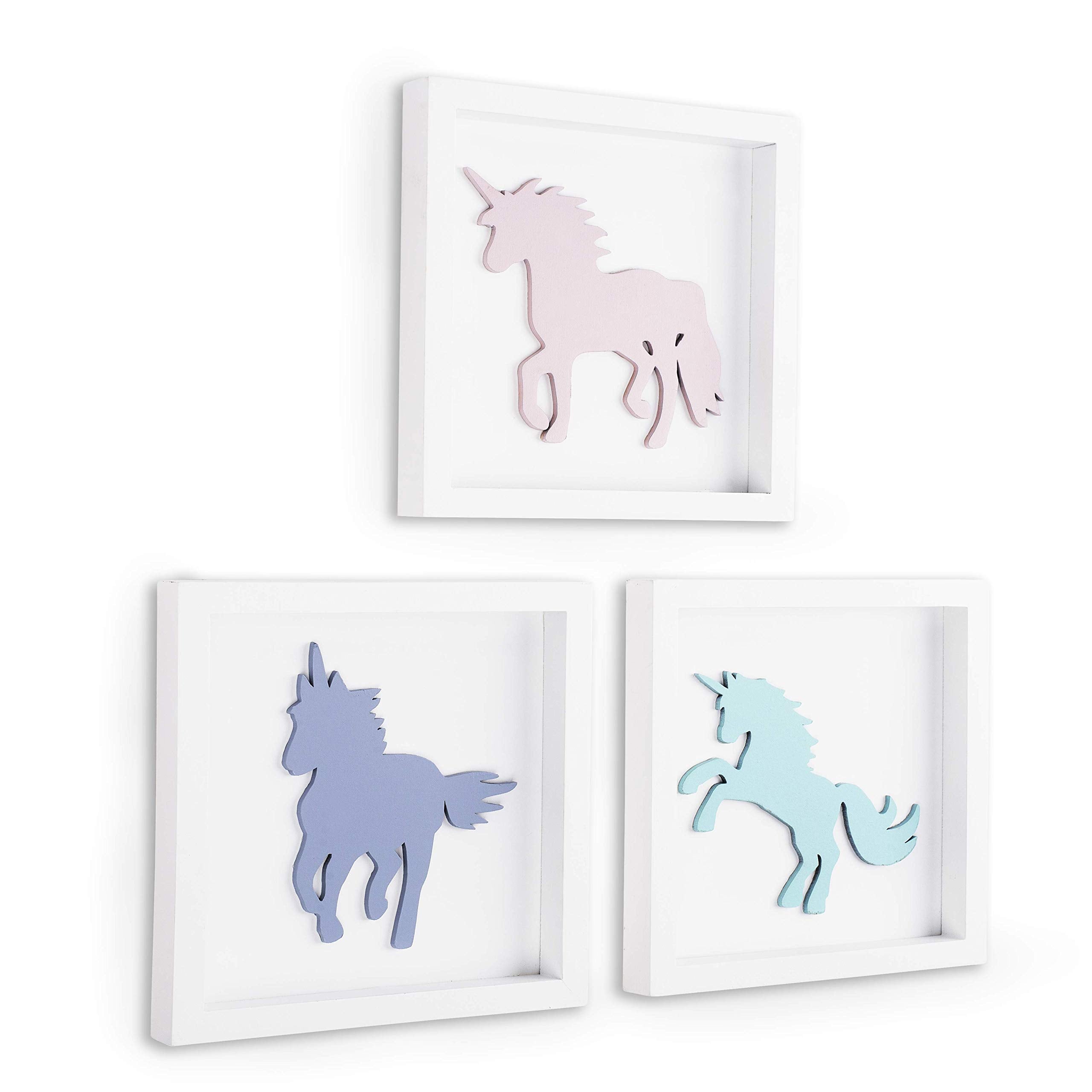 TideAndTales Unicorn Wall Decor (Set of 3) 3D Framed Unicorn Bedroom Decor for Girls, Pastel Girls Room Decor, White Wood Nurser