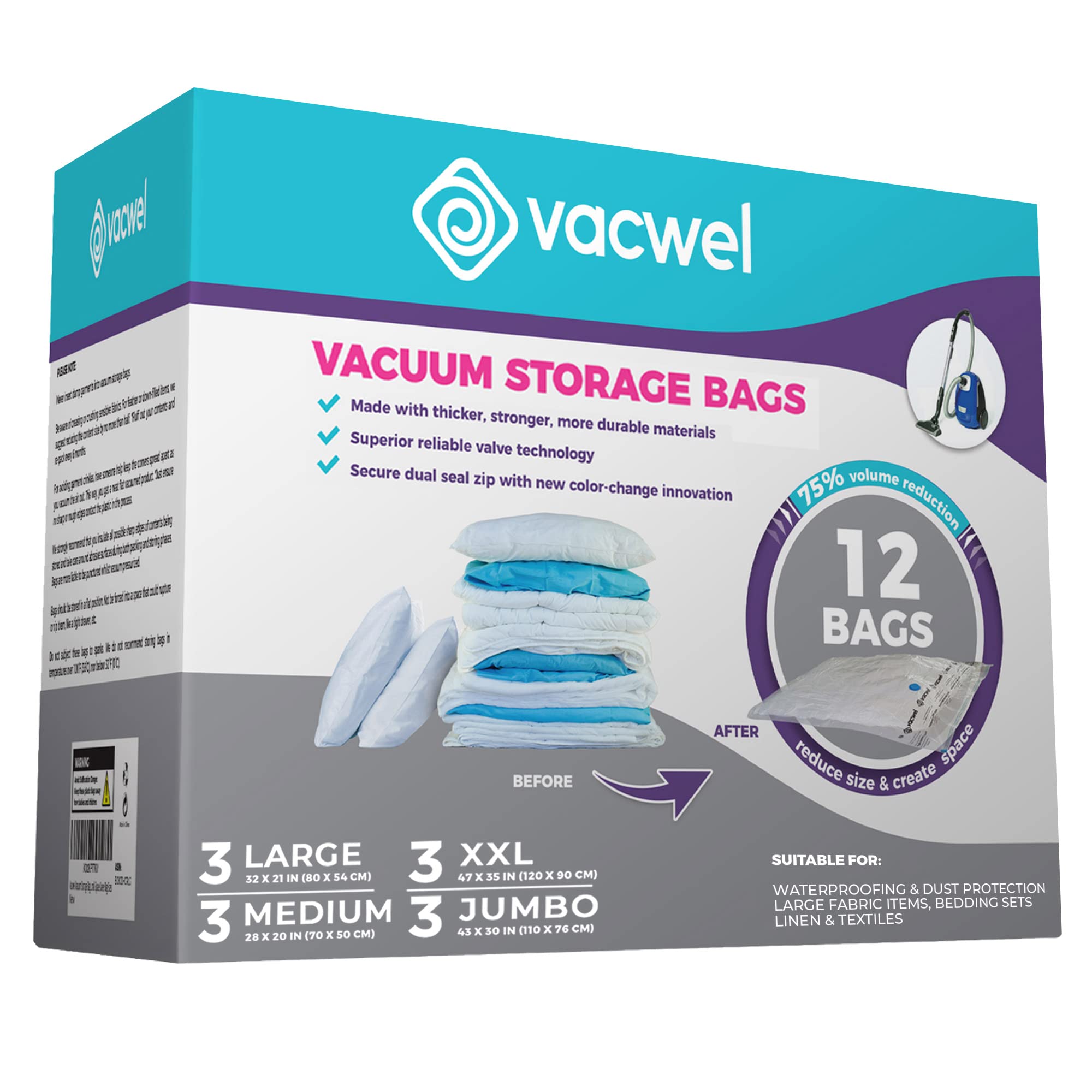 Vacwel 12-Pack Variety - Vacuum Storage Bags For Clothes, Packing & Storage - Strong Vacuum Space Bags For Comforter, Quilt & Ma