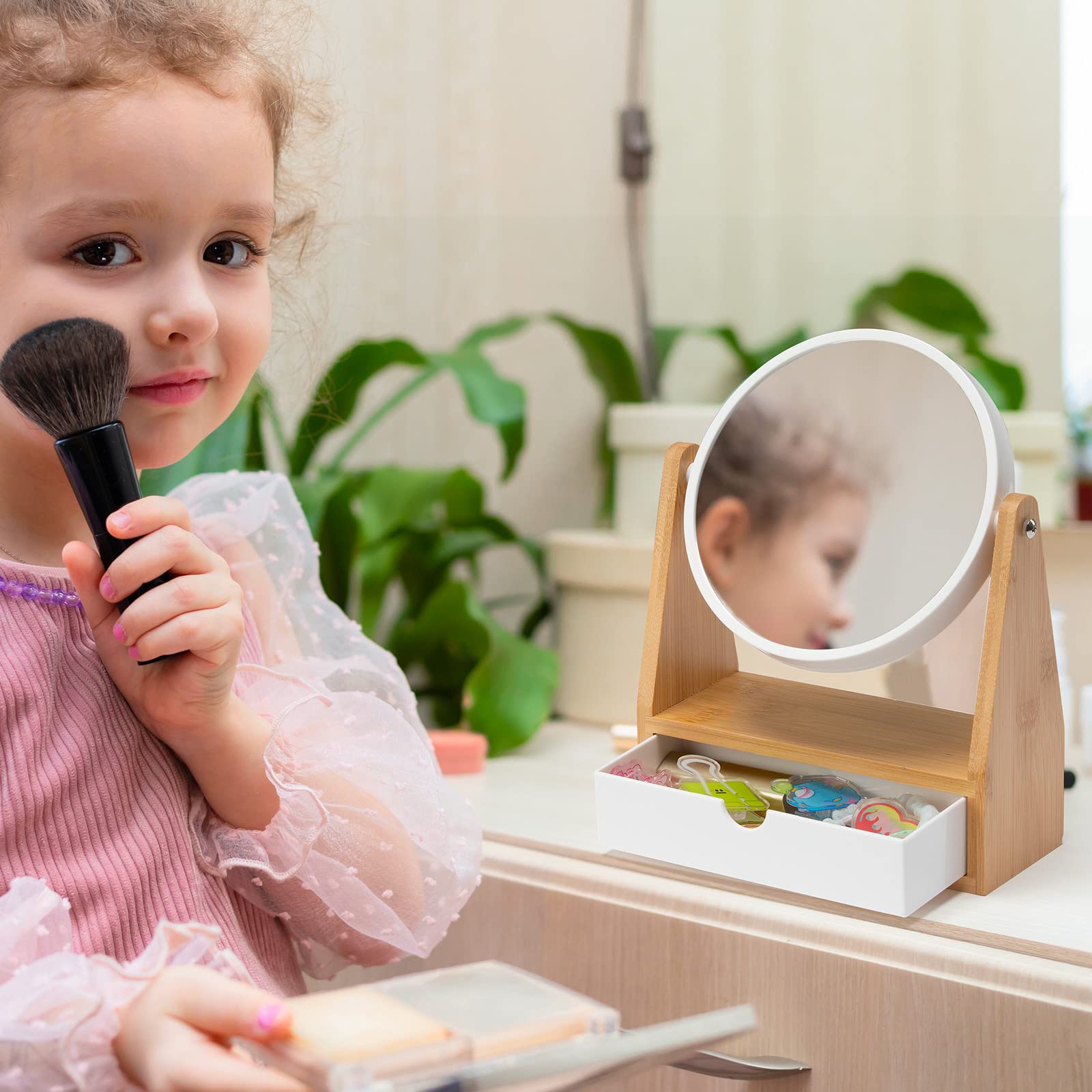 Yeake Vanity Makeup Mirror With Natural Bamboo Stand, 1X/3X Double Sided Magnifying Mirror With Drawer,Portable Small Table Desk