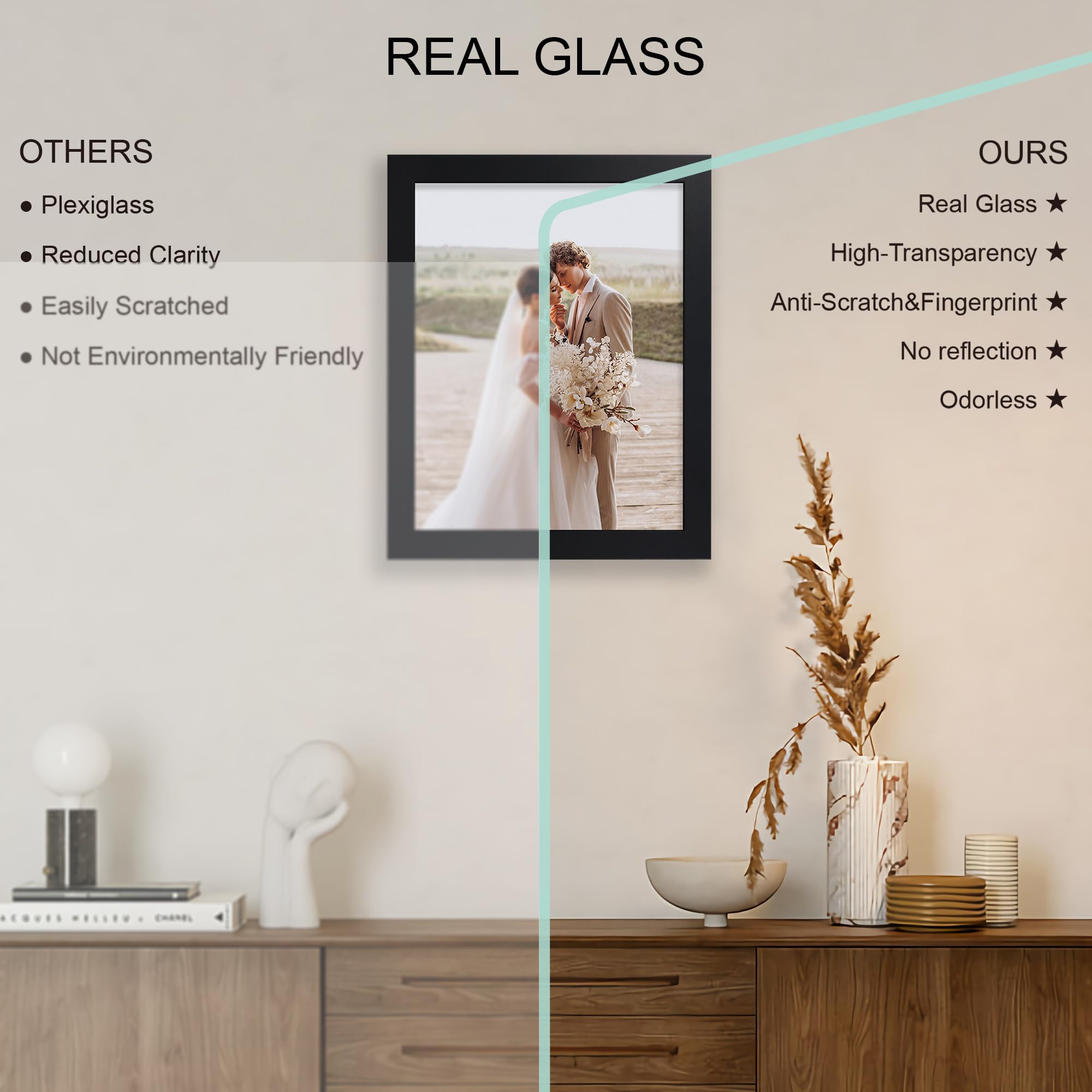 Hongkee 10x13 Picture Frame Set of 4, Made of Real Glass and Black Frame, 10 by 13 Photo for Wall or Tabletop - Display Picture