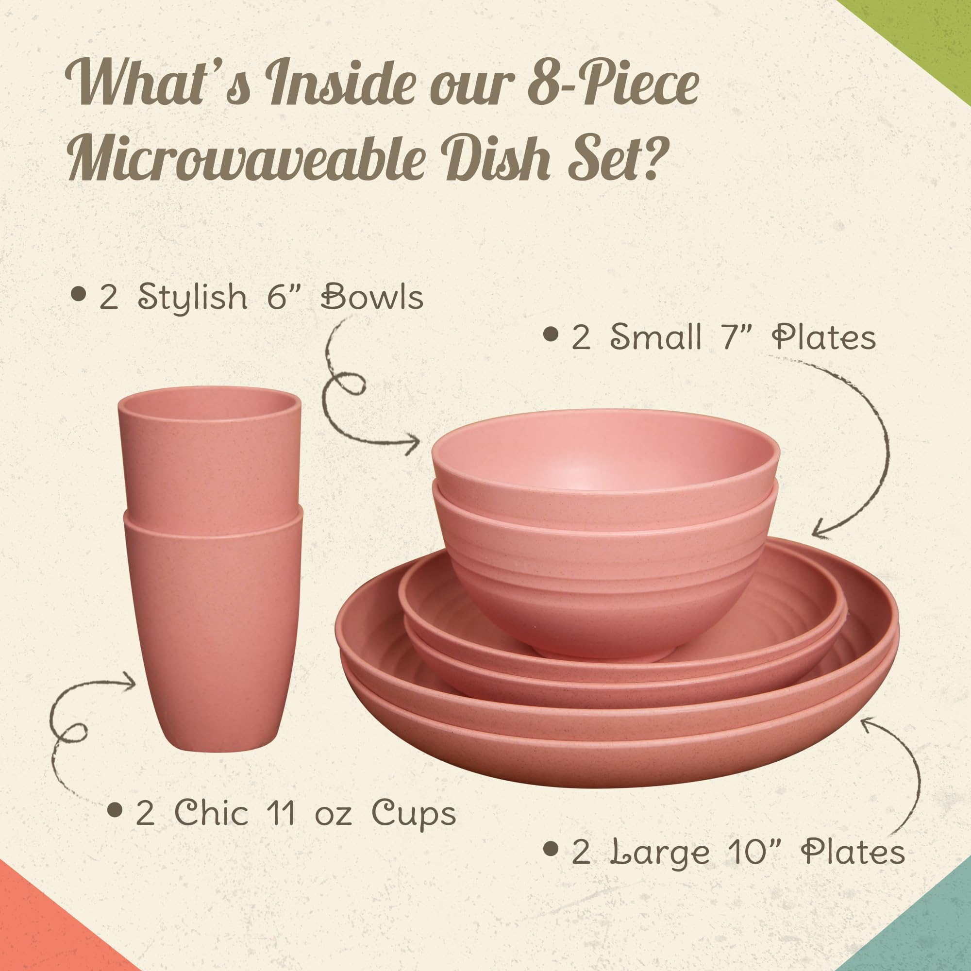 Camping Plates Cups And Bowls Set - 8-Pc Wheat Straw Dinnerware Sets - 2 Bowls, 2 Cups, 2 Small & 2 Large Indoor/Outdoor Rv Dish