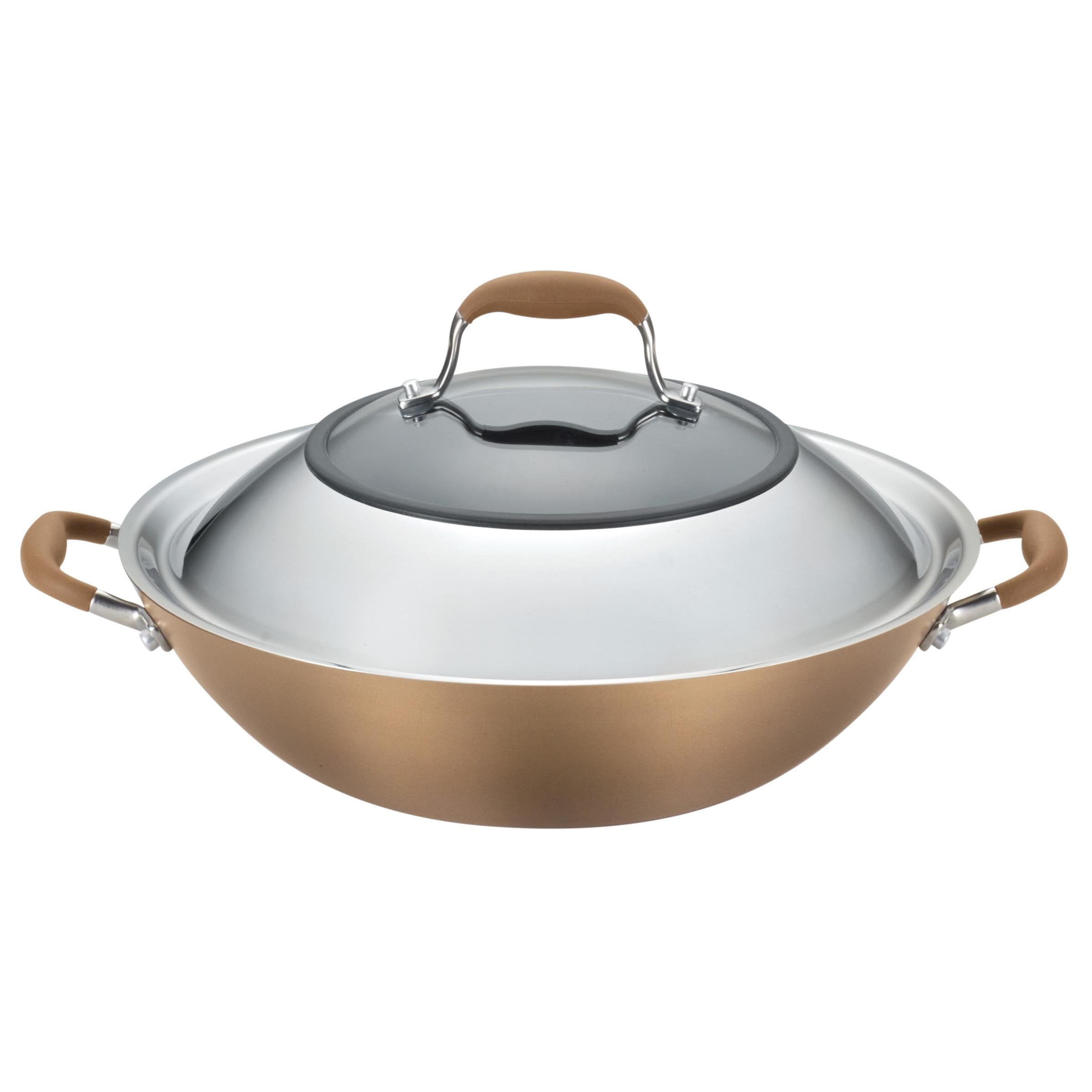 Anolon Advanced Hard Anodized Nonstick Stir Fry Wok Pan With Lid, 14 Inch, Bronze Brown