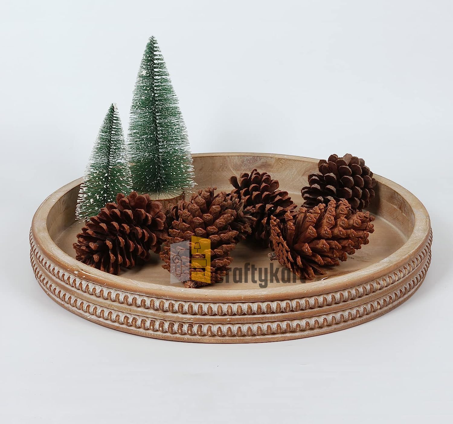 CRAFTYKART Round Wooden Serving Tray, Whitewashed Round Decorative Wood Tray, Round Farmhouse Rustic Decorative Tray, Perfect fo