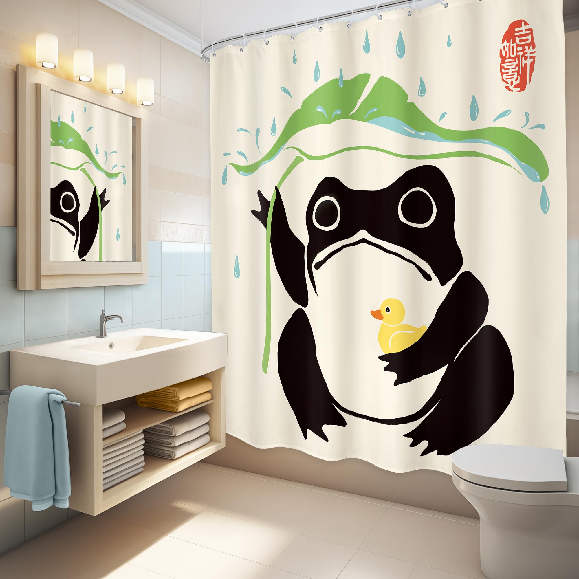 Lghtyro Funny Frog Shower Curtain Bathroom Set 60Wx71H Inches Asian Duck Traditional Art Japanese Cute Animal Taking Lotus Leaf