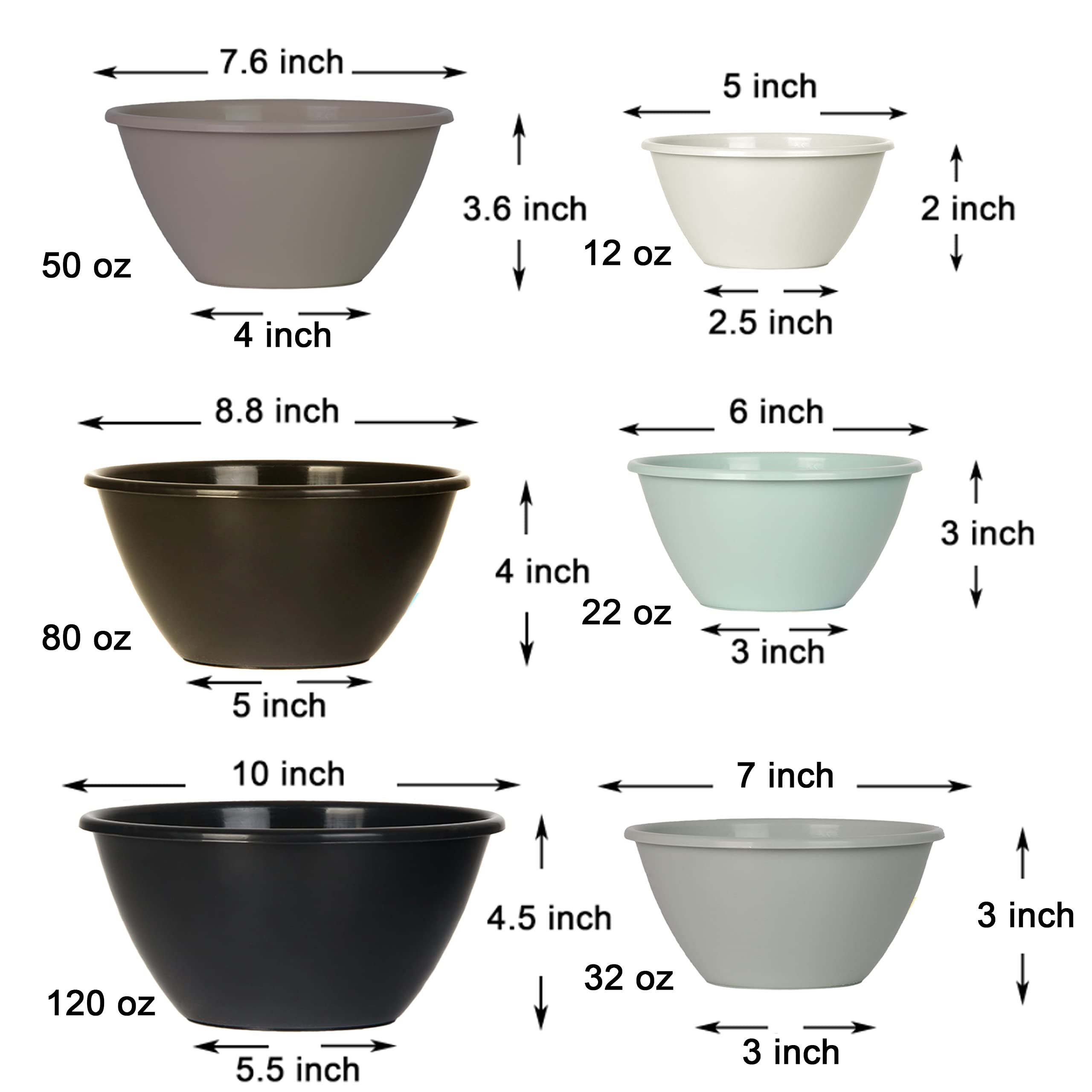 Youngever 6 Pack Large Plastic Mixing And Serving Bowls, Plastic Nesting Bowls Set - 120Oz, 80Oz, 50Oz, 32Oz, 22Oz, 12Oz (Urban