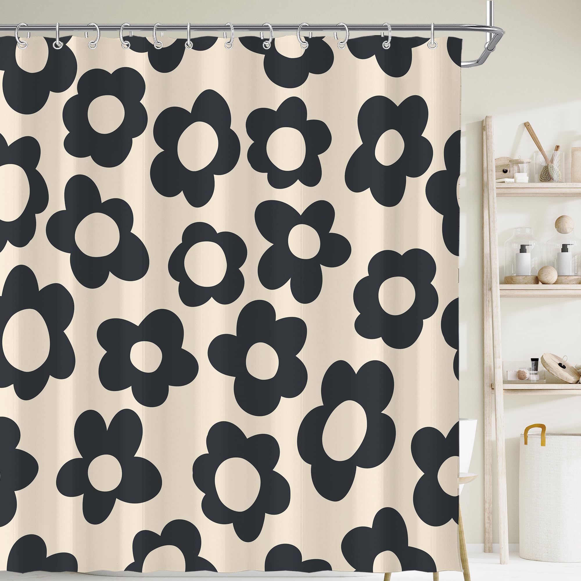 Visioun Black Cute Retro Floral Abstract Flower Shower Curtain For Bathroom 72W*72H Inch 70S Lovely Vintage Aesthetic Funky Bath