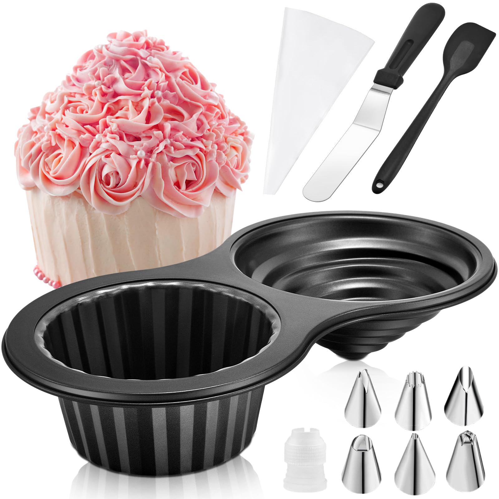 Giant Cupcake Pan 15x 8in set, Cake Decorating Supplies Kit,Jumbo Cupcake Cake Mold with Stainless Steel Spatula Silicone Scrape