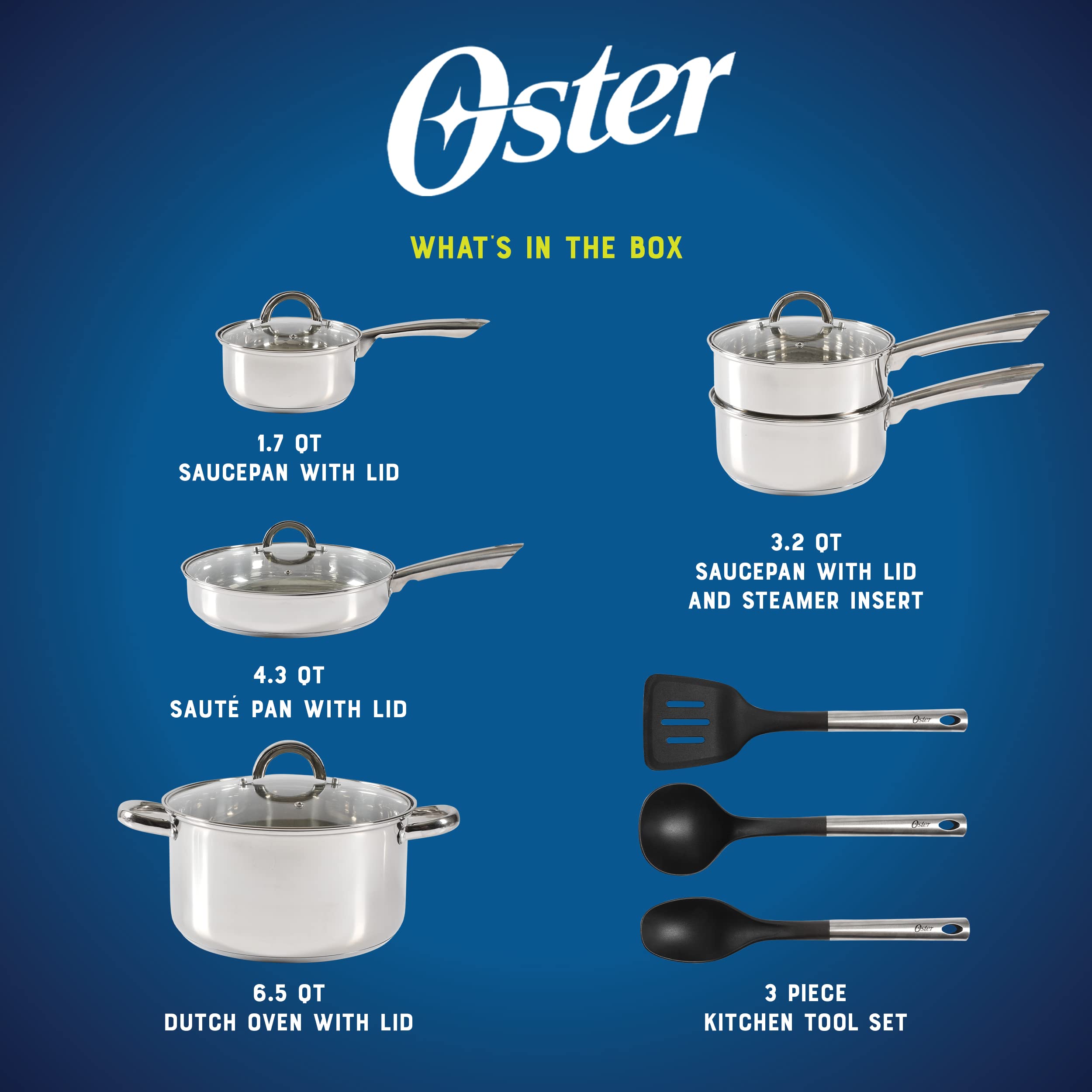 Oster Sangerfield 12-Piece Stainless Steel Cookware Set With Kitchen Tools, Non-Stick Pots and Pans, Durable Oven Safe Cookware
