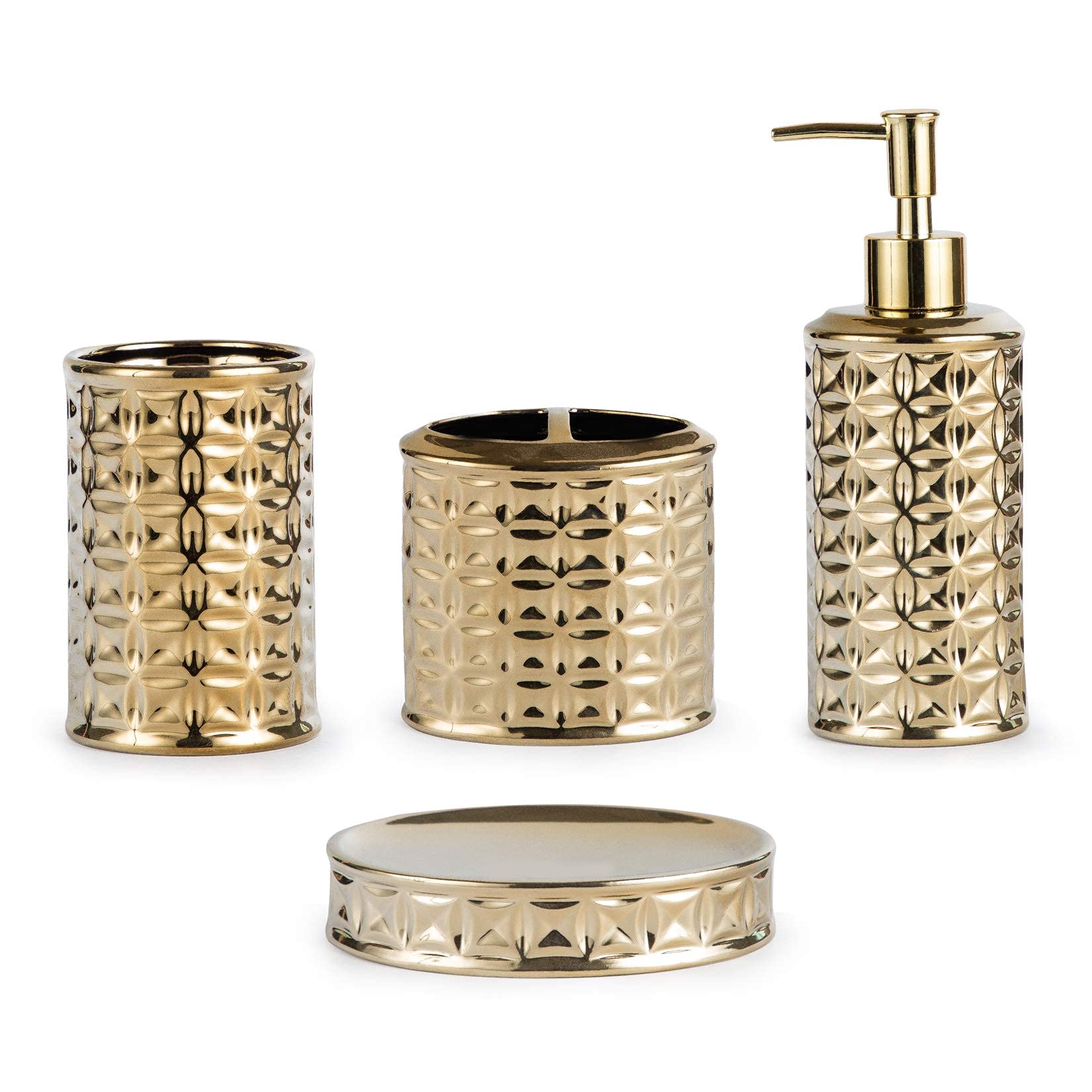 Gold Bathroom Accessory Set, 4-Piece Ceramic Bathroom Decorations Accessories Sets Includes Lotion Dispenser, Toothbrush Holder