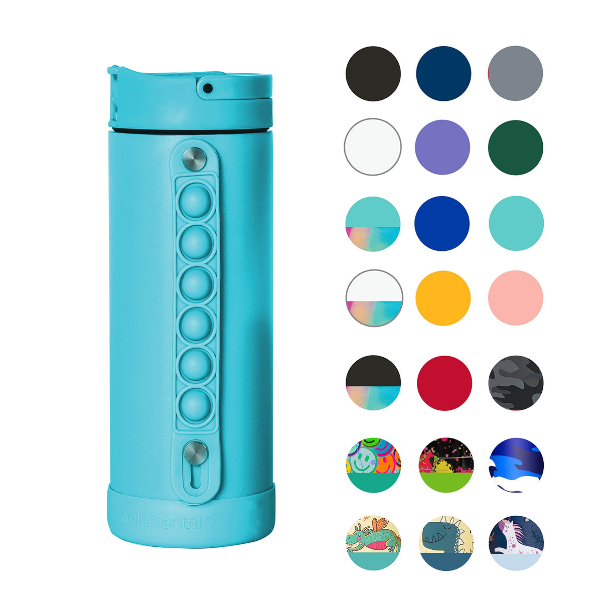 Elemental Iconic Kids Water Bottle With Straw Lid & Stress Reliever Pop It Handle, Leak-Proof When Closed, Triple Insulated Stai