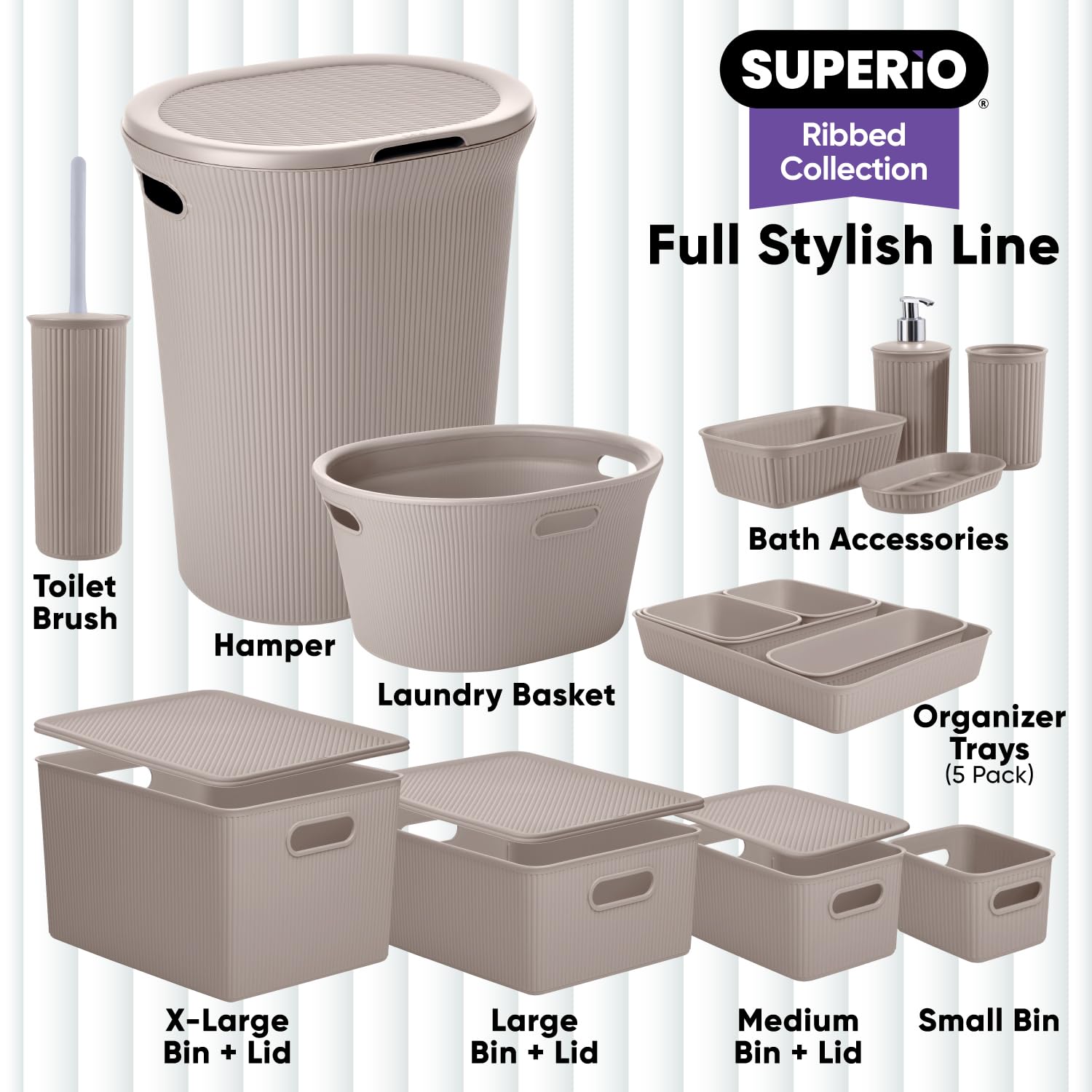 Superio Decorative Plastic Open Home Storage Bins Organizer Baskets, Medium, Taupe (8 Pack) Container Boxes for Organizing Close