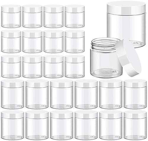 TUZAZO 24 Pack Empty Plastic Slime Containers with Lids and Labels - 12pcs 8 OZ and 12pcs 4 OZ Small Plastic Jars for Lotion  Cream  Ointments  Makeup  Glitters  Samples  Travel Storage