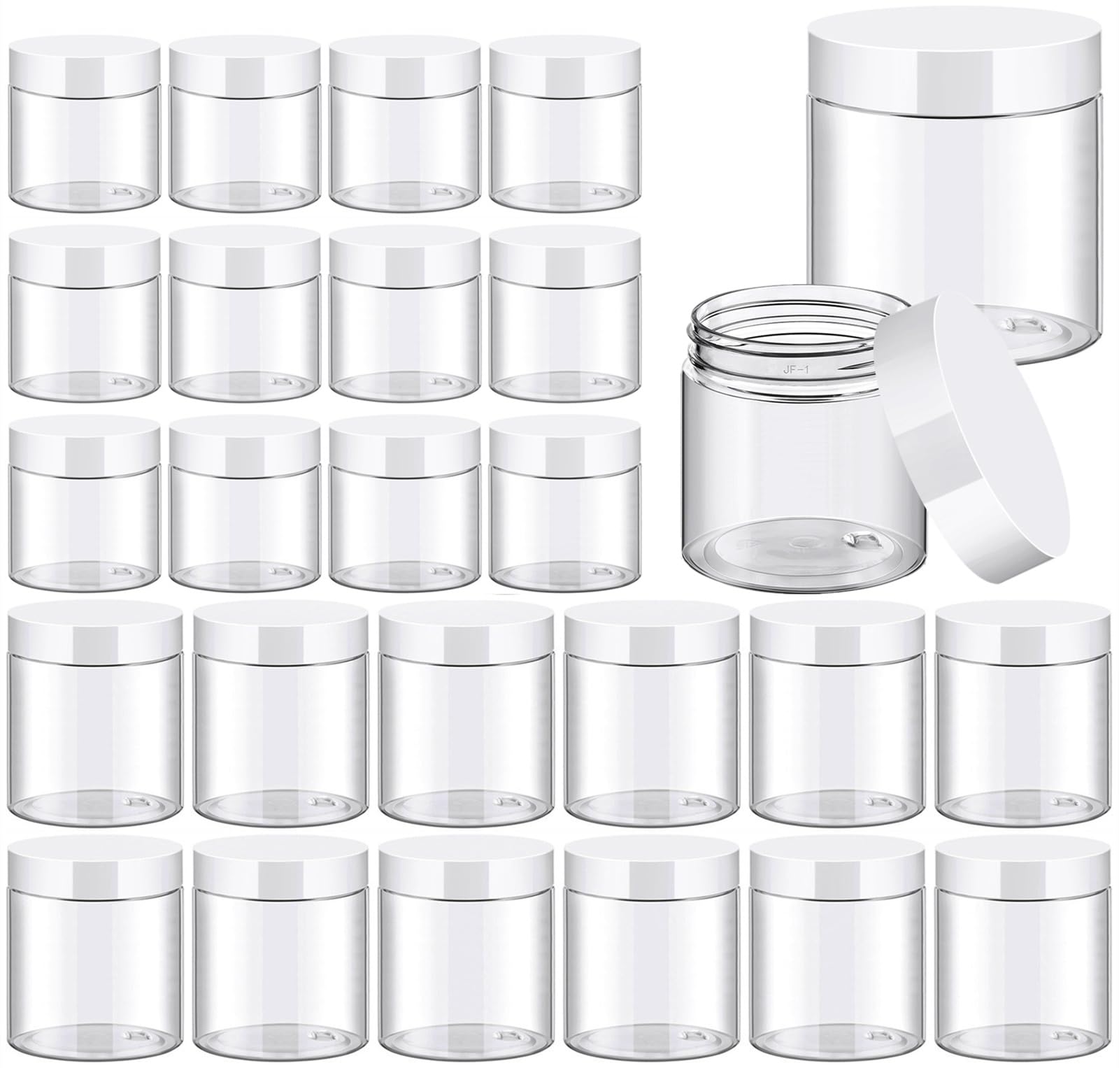 TUZAZO 24 Pack Empty Plastic Slime Containers with Lids and Labels - 12pcs 8 OZ and 12pcs 4 OZ Small Plastic Jars for Lotion  Cream  Ointments  Makeup  Glitters  Samples  Travel Storage