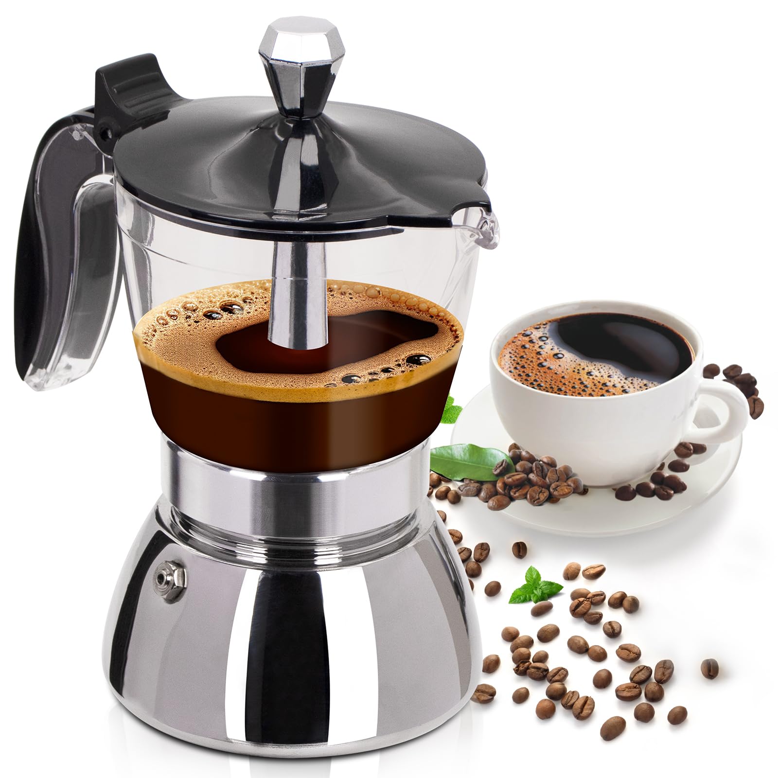 Mogrecha Clear Plastic Moka Pot 6 Cup 300ml Stainless Steel Coffee Maker