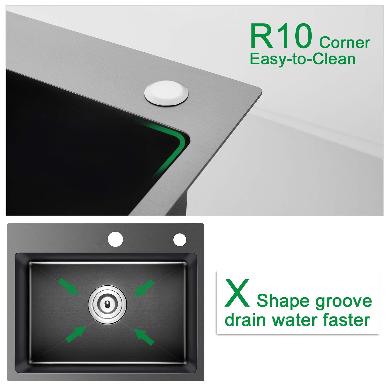 Ougoo 22 X 18 Inch Drop In Kitchen Sink, 9'' Deep Single Bowl Kitchen Sinks,T-304 Stainless Steel Topmount Sink With Strainer, B