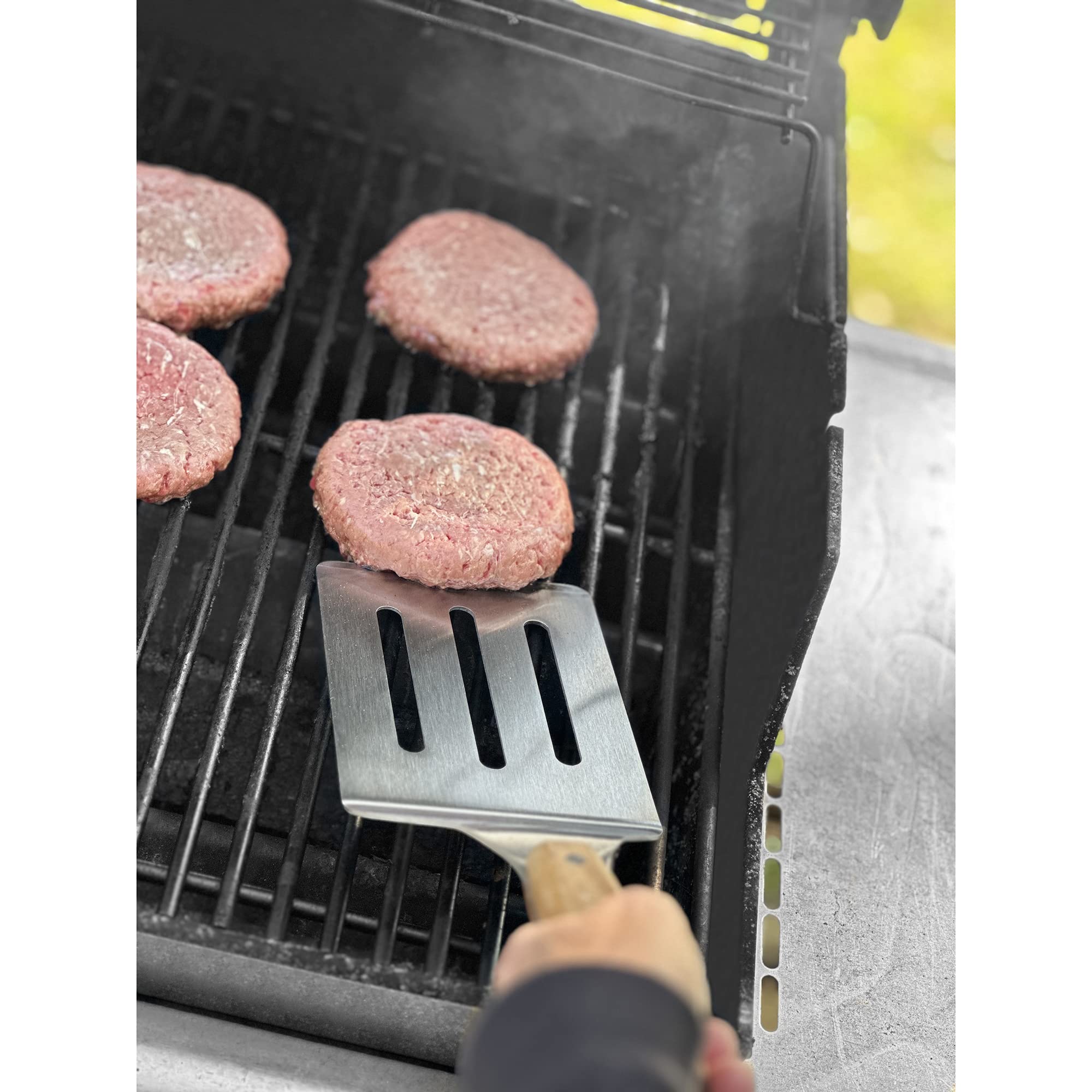 Outset Jackson Stainless Steel Slotted Grill Spatula, Acacia Wood Handle, Silver, 14.6X4.2X1.6''