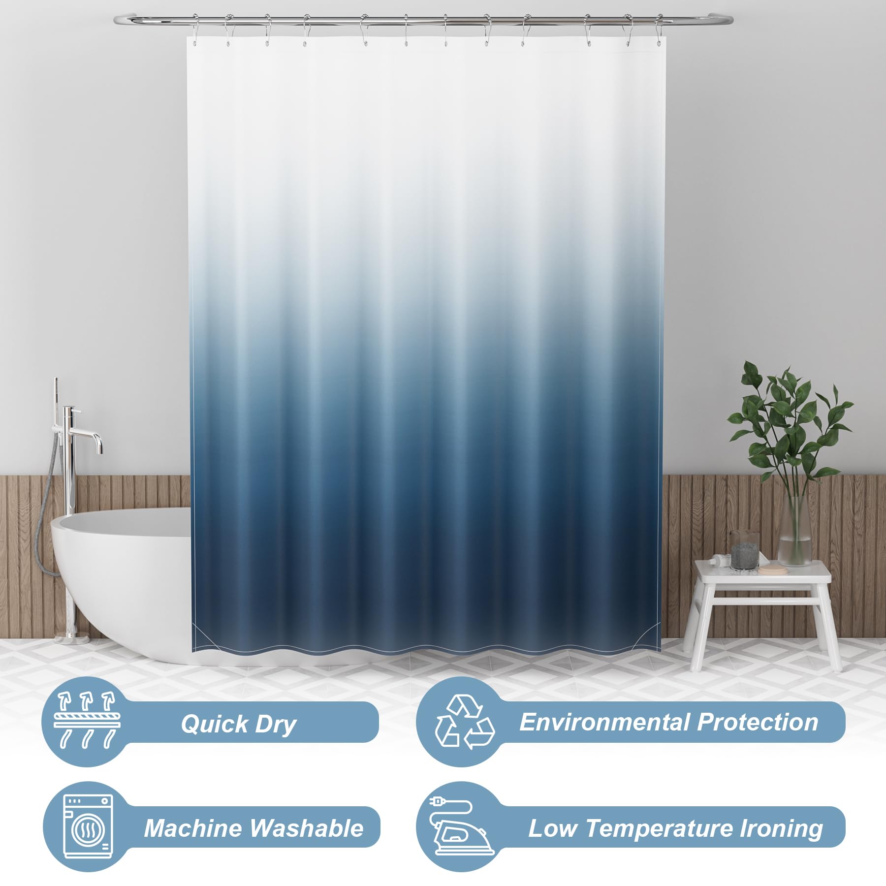 Amazerbath Shower Curtain, Cloth Ombre Blue Shower Curtain Set With 12 Shower Curtain Hooks, Washable Fabric Navy And White Show