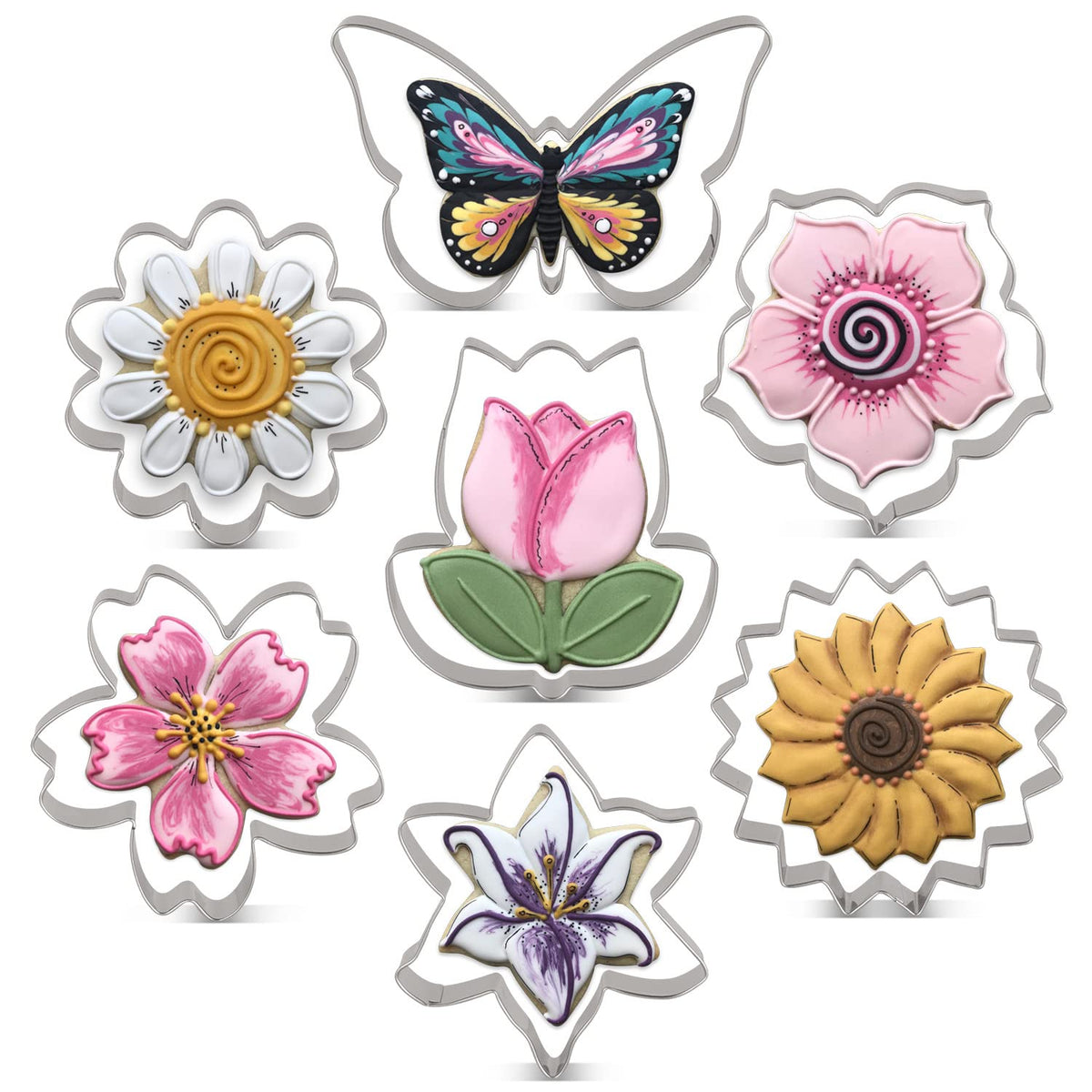 Liliao Flowers Cookie Cutter Set - 7 Piece - Lily, Daisy, Sunflower, Cherry Blossoms, Tulip, Kapok Flowers And Butterfly Biscuit