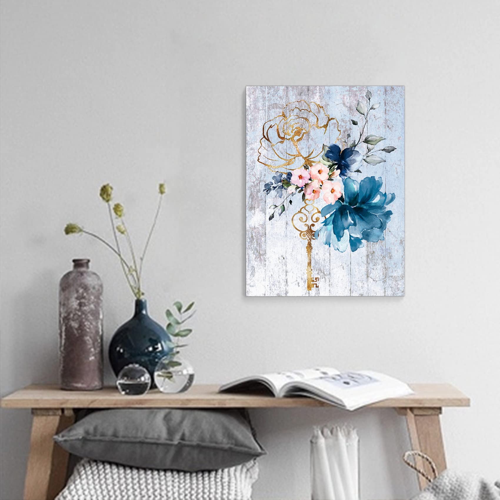 Flower Bathroom Wall Decor Art Pink Blue Pictures Rustic Canvas Wall Art For Kitchen Office Bedroom, Farmhouse Modern Framed Pai
