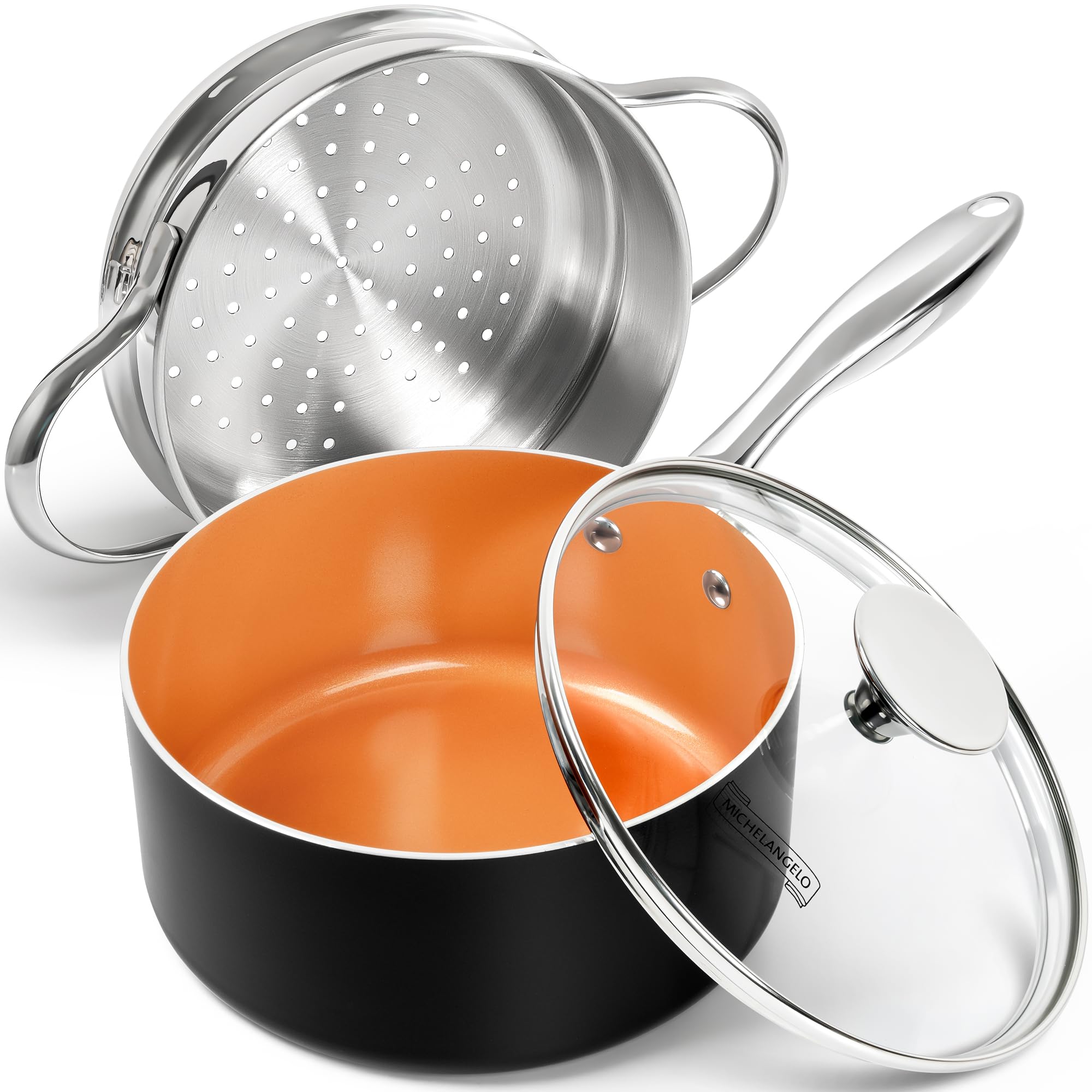 Michelangelo 2 Quart Saucepan With Steamer & Glass Lid - Nonstick Sauce Pan With Lid | Ceramic Steamer Pot, Induction Compatible