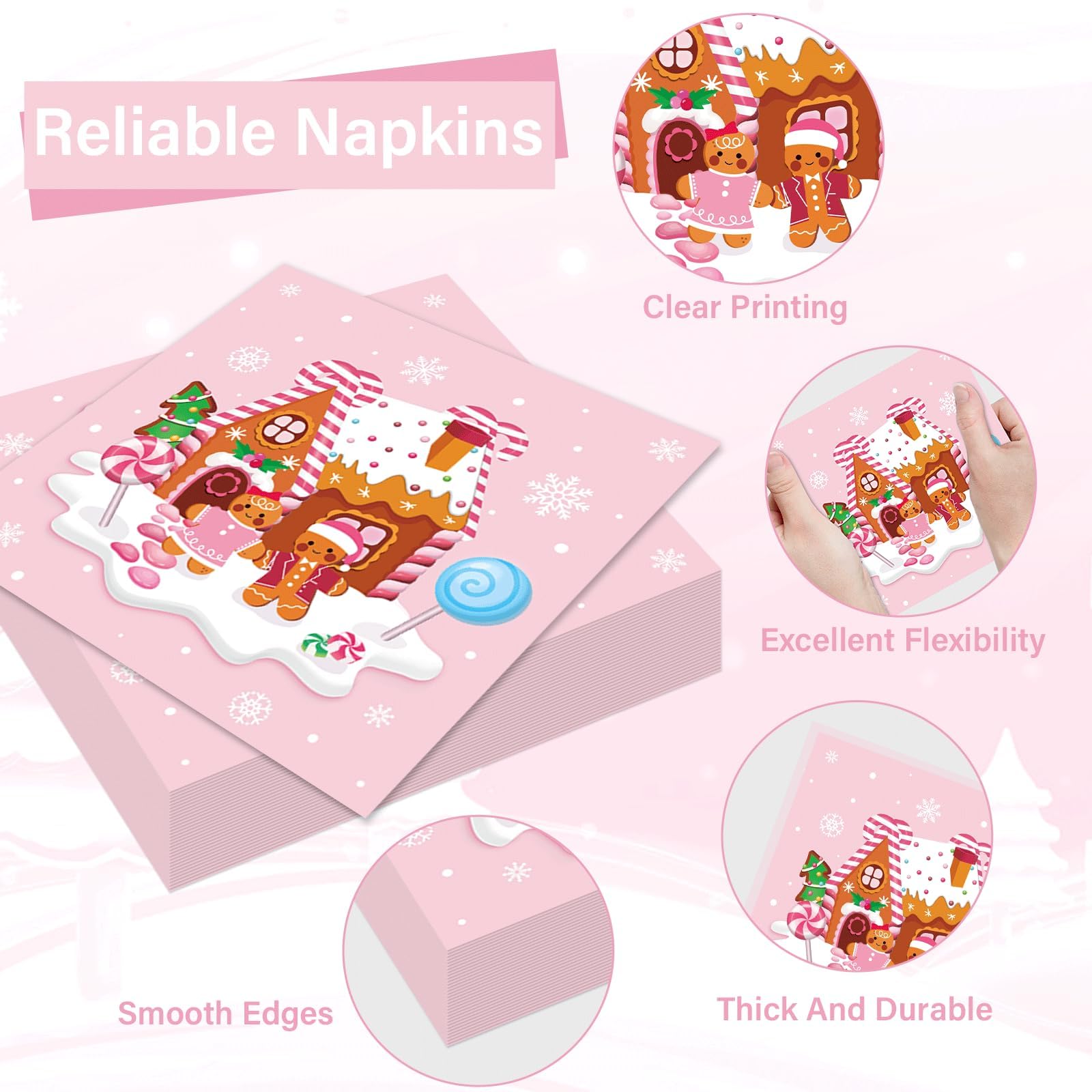 96Pcs Christmas Gingerbread Party Supplies Christmas Paper Plates Nankins Pink Gingerbread House Party Decorations Xmas Winter H