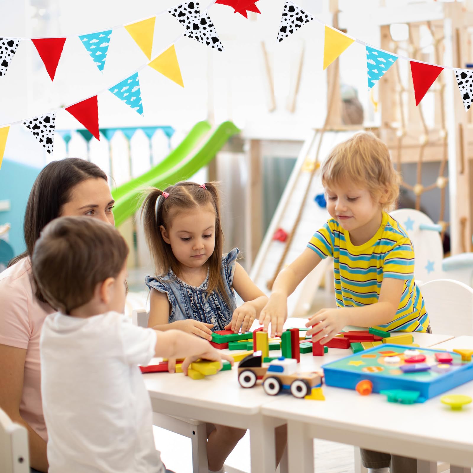 MARFOREVER 28 FT Cartoon Story Party Decorations Blue Sky Cloud Cow Print Fabric Banner Red Blue Yellow Toy Themed Story Pennant