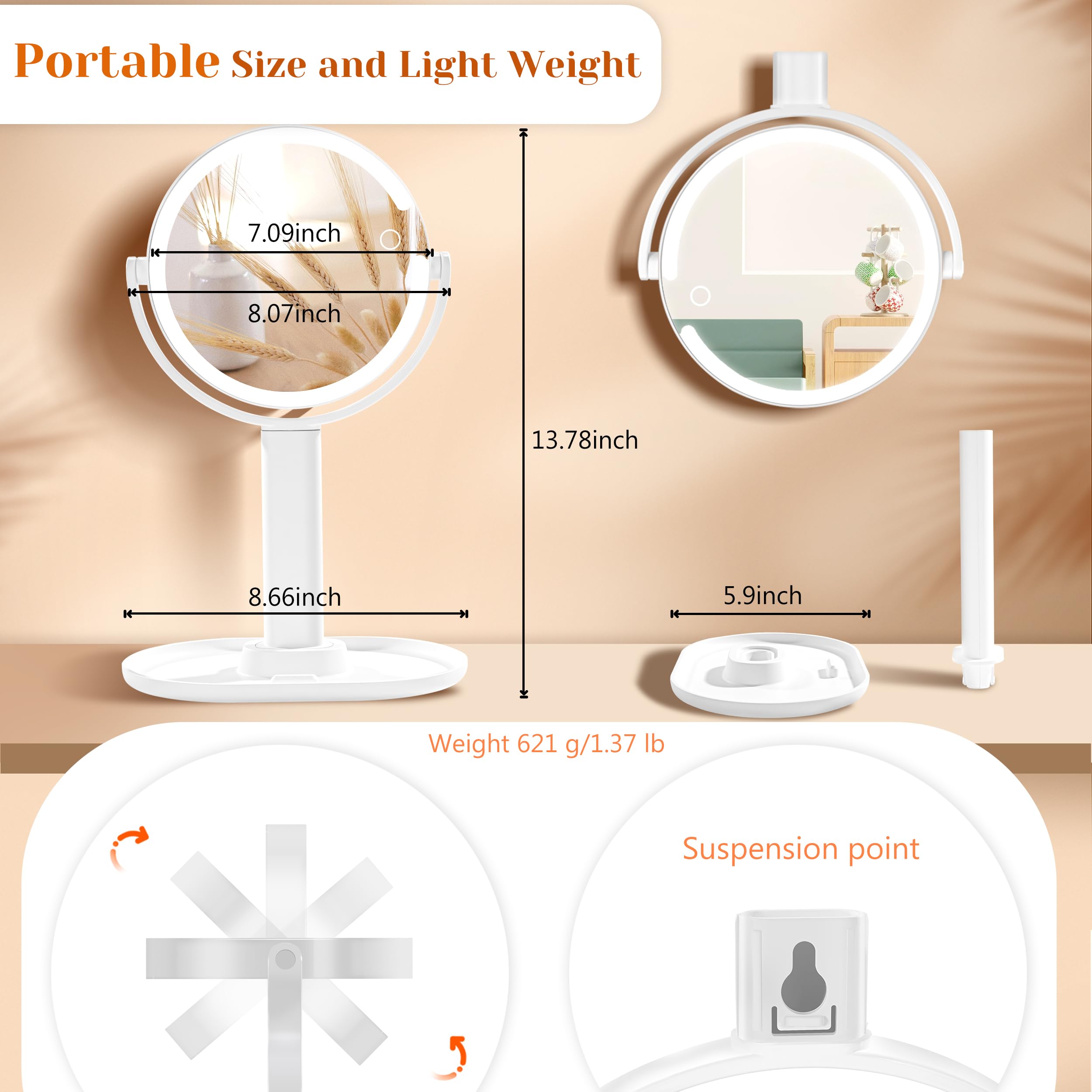 Vpu Vanity Makeup Mirror With Lights, 10X/1X Double Sided Magnifying Light Up Desk Mirror With Stand Cosmetic Organizer, 3 Color