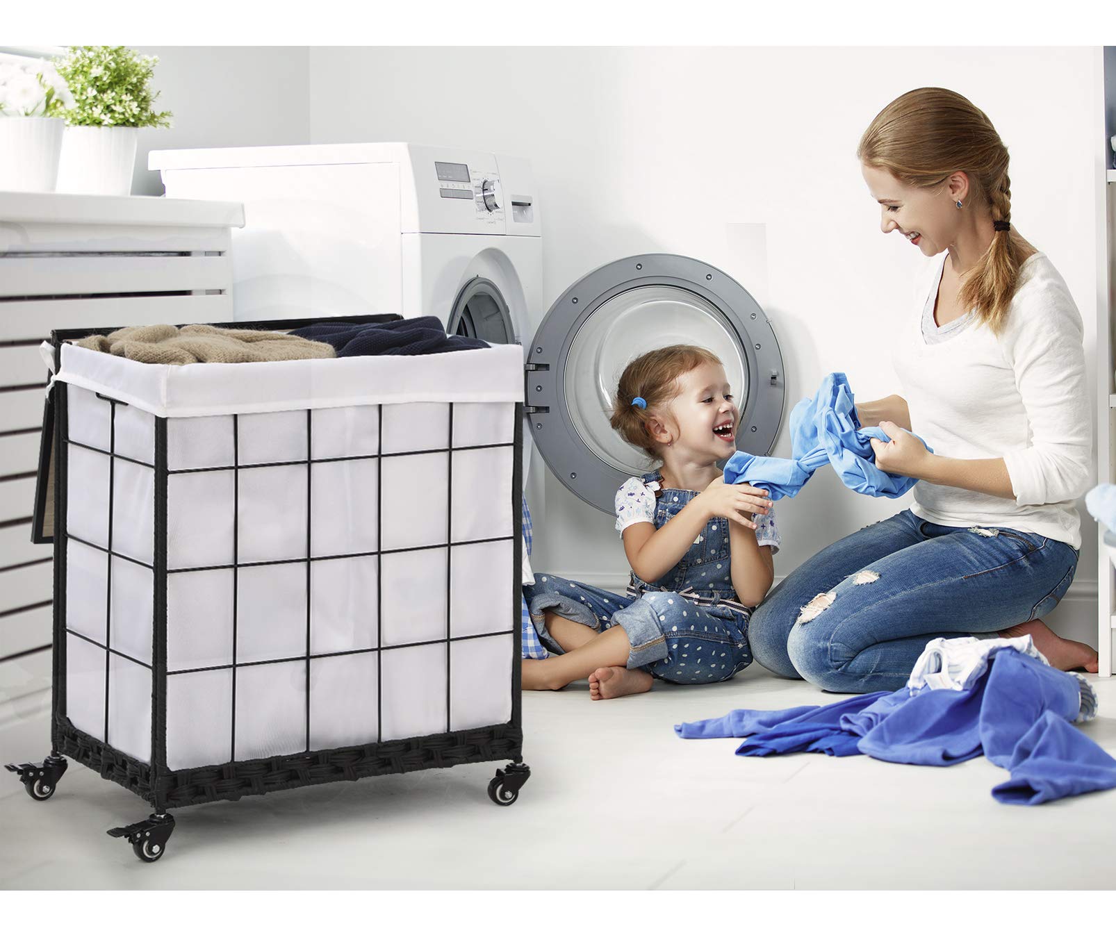 Laundry Hamper with Wood Lid and Divided Liner Bag; Durable Laundry Basket with Heavy Duty Rolling Lockable Wheels; Clothes Hamper with Removable Liner Bag; Laundry Sorter with Metal Handle (White)