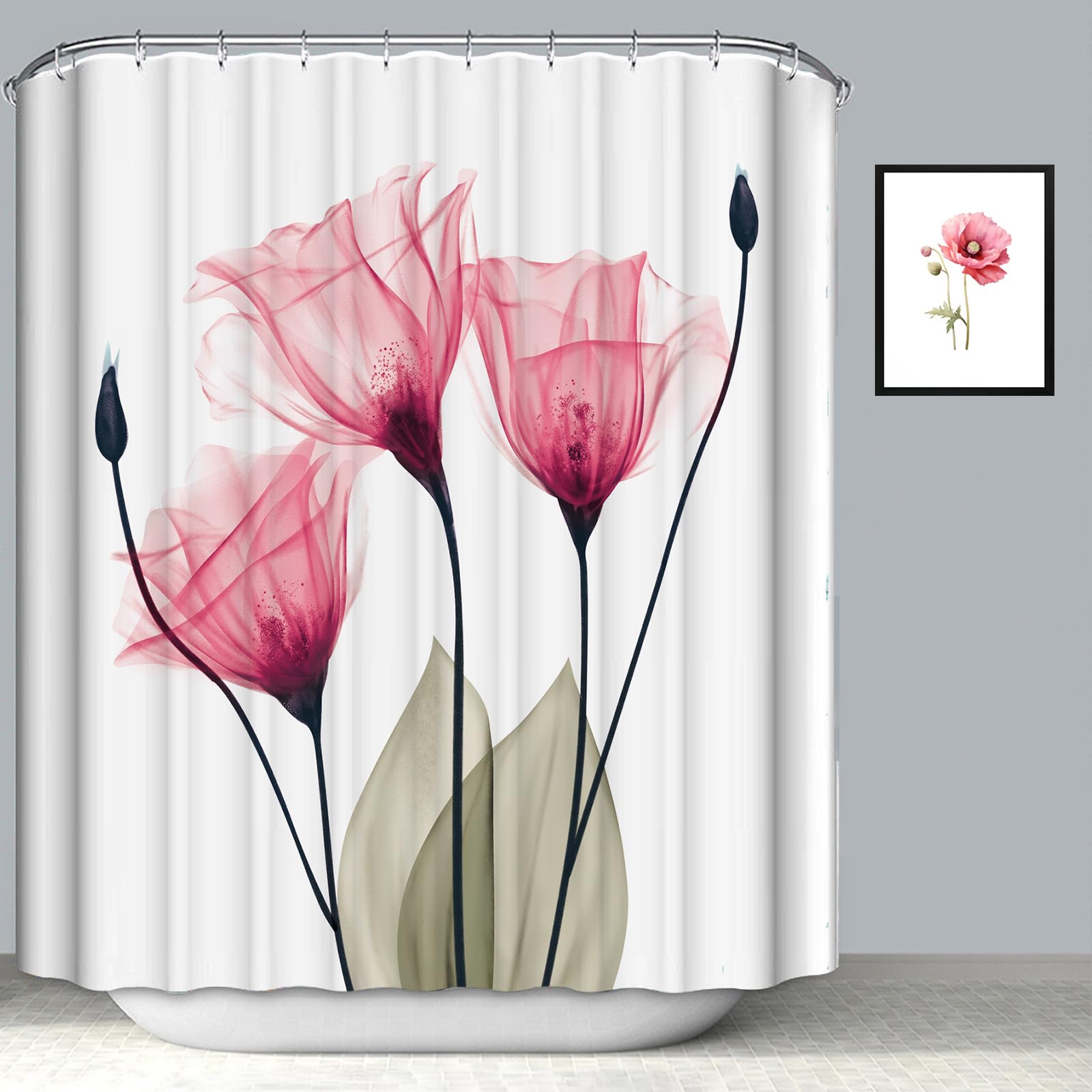 Zchomi Pink Floral Shower Curtain Watercolor Tulip Flower Shower Curtain For Bathroom Waterproof Polyester Fabric Bathroom Curta