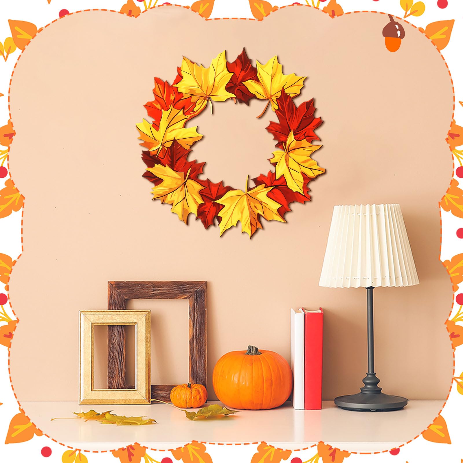 MorningRo Metal Fall Wreaths for Front Door 3D Pattern Thanksgiving Wreath Hanging Autumn Harvest Red Orange Yellow Welcome Sign