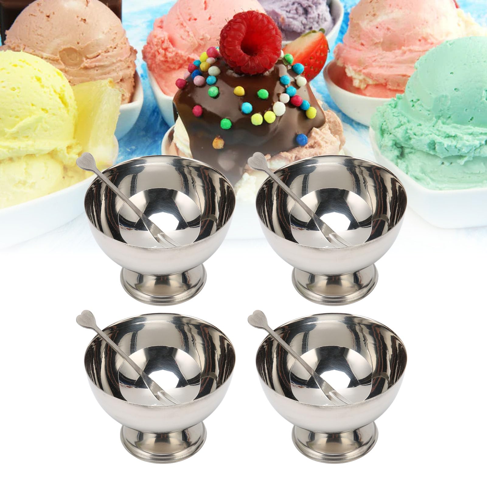 Pssopp 4Pcs Stainless Steel Ice Cream Cups Set Footed Dessert Cup Ice Cream Serving Dishes Footed Fruit Salad Pudding Dessert Cu