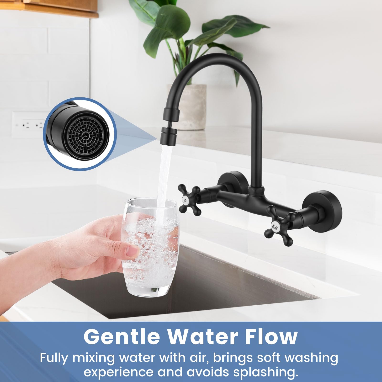 Airuida Wall Mount Kitchen Faucet Matte Black 8 Inch Center Wall Mount Faucet Kitchen with Sprayer Double Cross Handles 360 Degree Swivel Spout Kitchen Mixer Tap Commercial