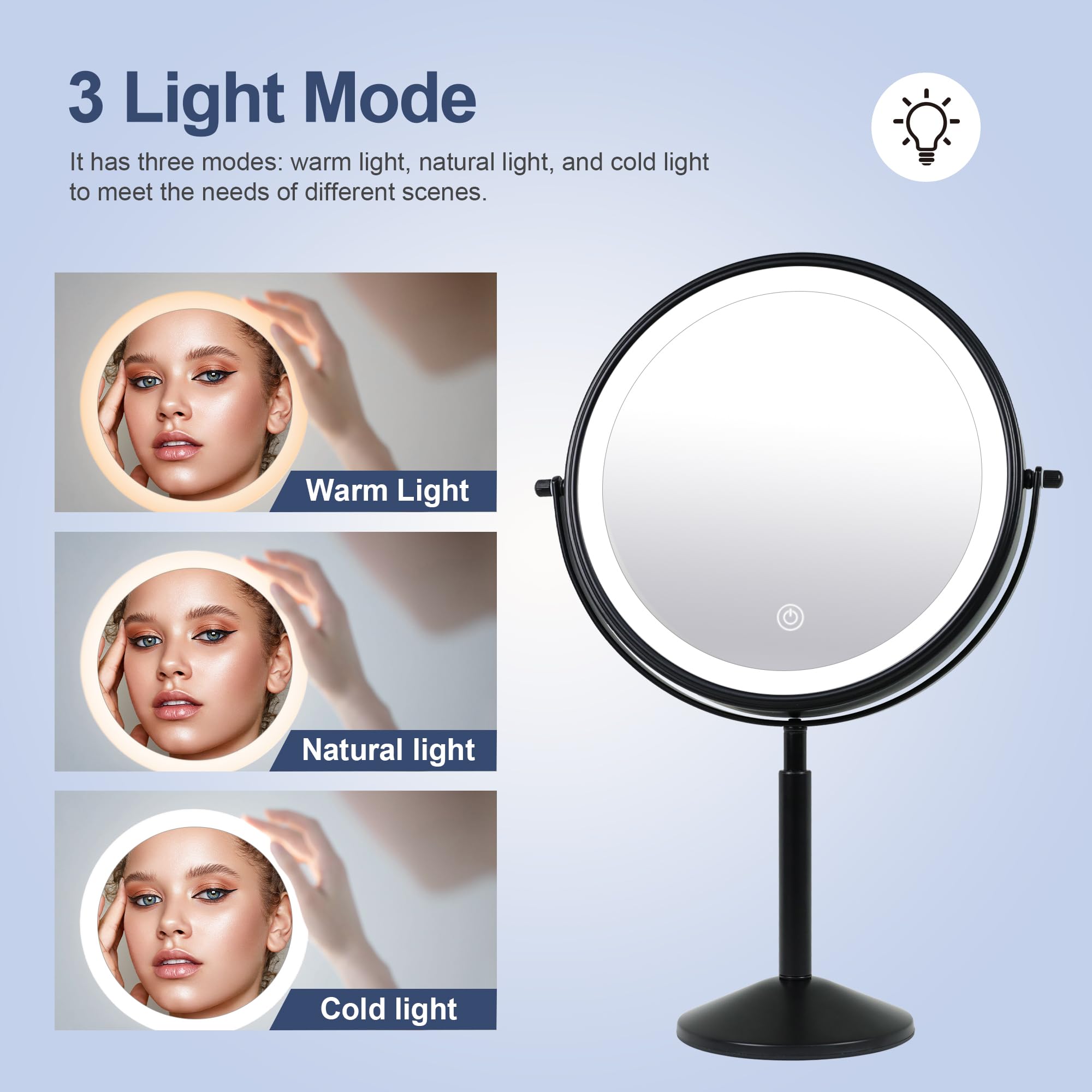 Yngtoue 9'' Makeup Mirror With Lights And 10X Magnification Led 3000Mah Rechargeable, 360 Rotating Adjustment,Black Vanity Swive