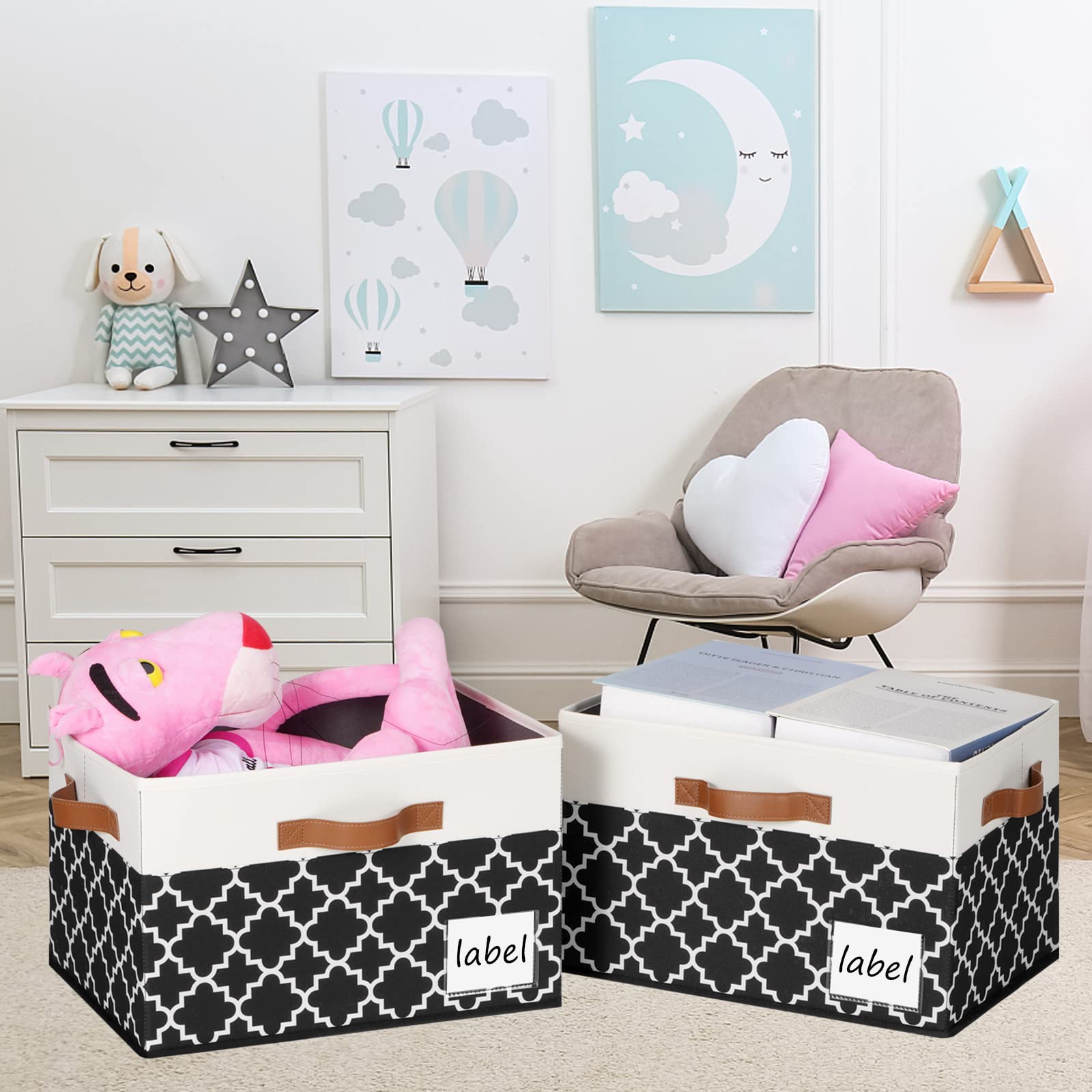 PFFVRP Large Storage Bins with Lids 6-Pack  Foldable Fabric Storage Baskets with Lids 6-Pack  Sturdy Storage Boxes with Labels and 3 PU Handles for Closet Home Bedroom Office (26L  Black Plaid&White)